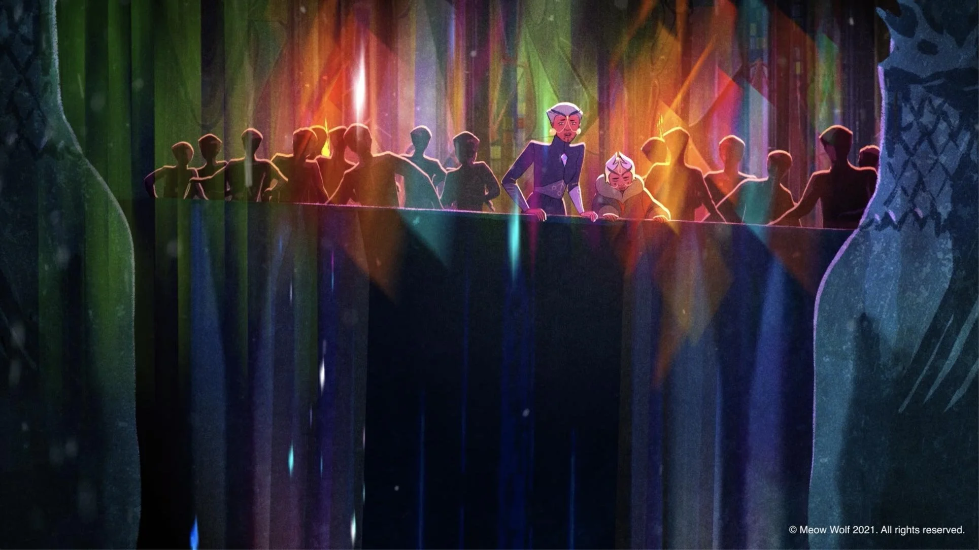 A crowd gathers in silhouette against streaks of rainbow light — The Forgotten Four, Meow Wolf.