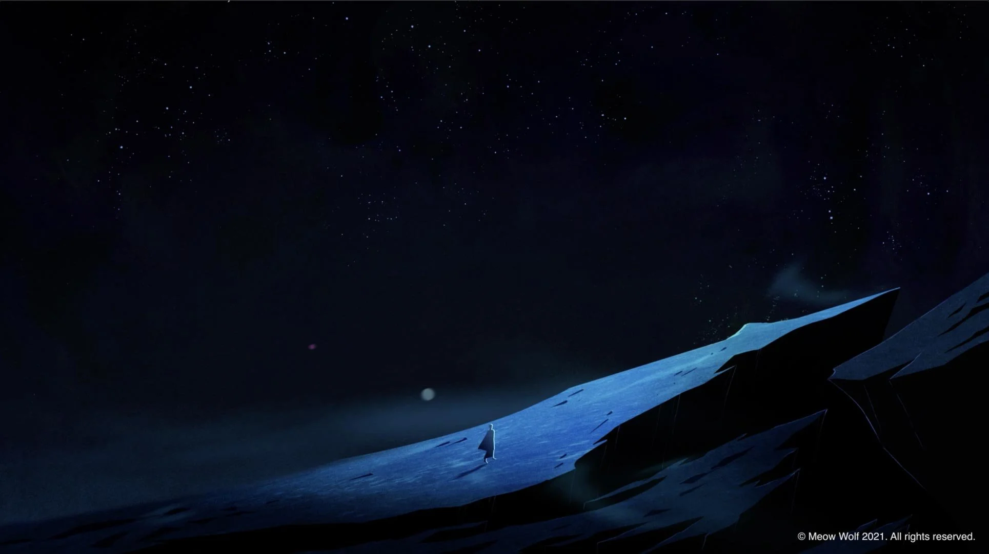 A tiny figure crosses a vast, dark slope of ice beneath the night sky — The Forgotten Four, Meow Wolf.