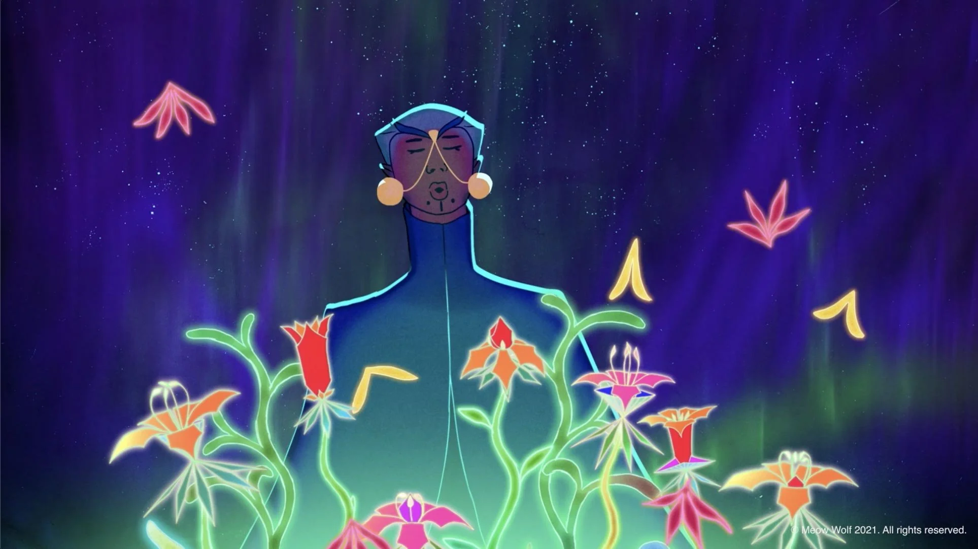 Panoa stands under shimmering colored light as flowers from Numina bloom around her — The Forgotten Four, Meow Wolf.