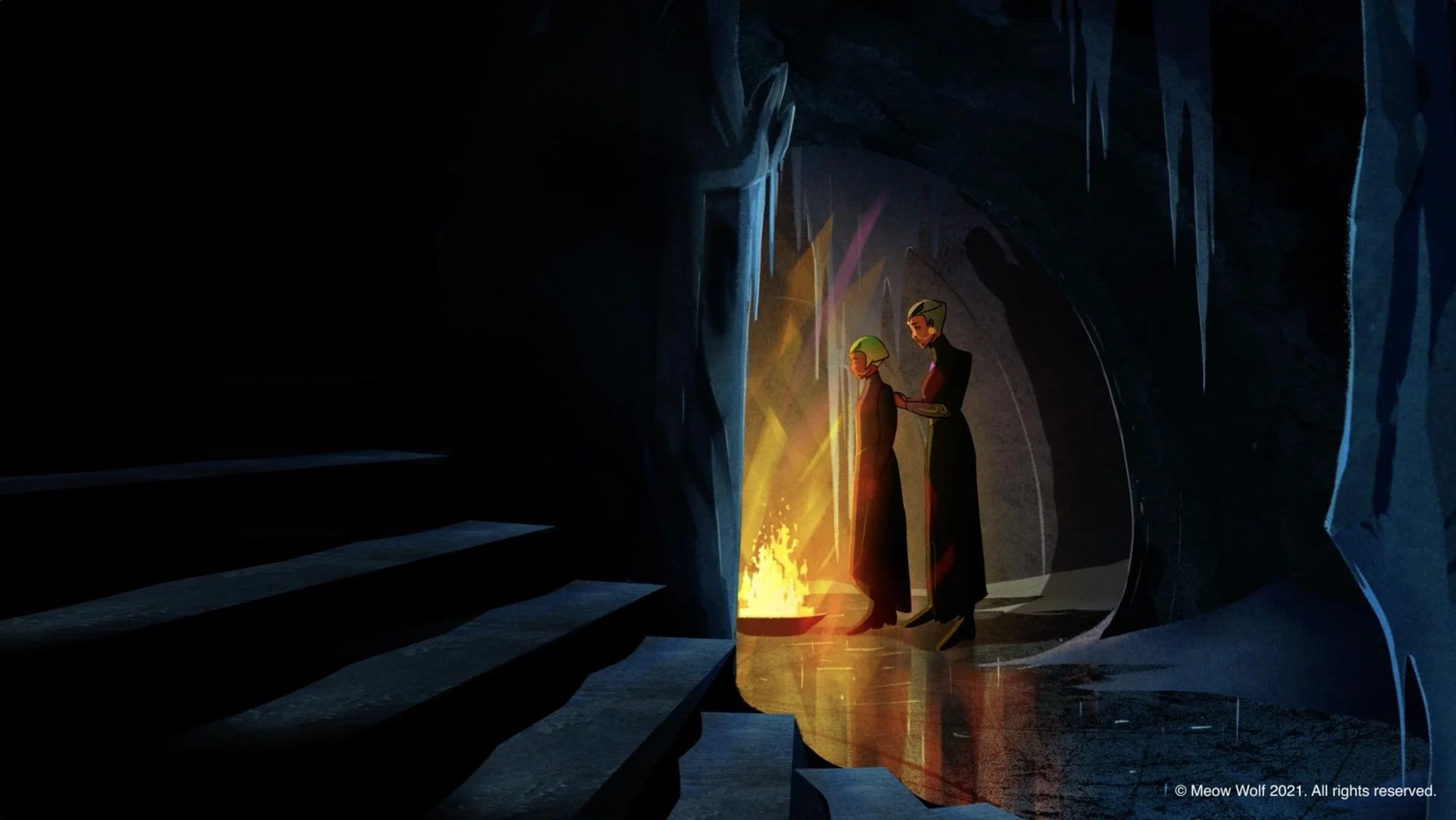 Panoa and Araceli stand beside a sacred fire in a dark ice cavern, one resting a hand on the other's head — The Forgotten Four, Meow Wolf.