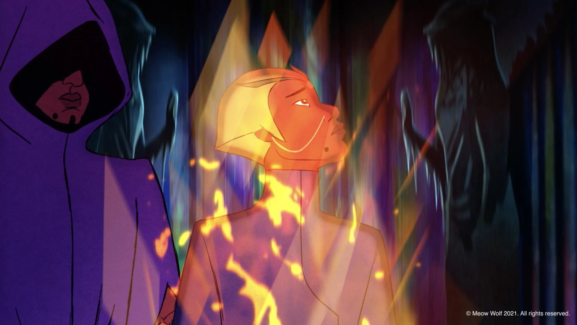 Araceli's face glows through the flames of the sacred fire — The Forgotten Four, Meow Wolf.