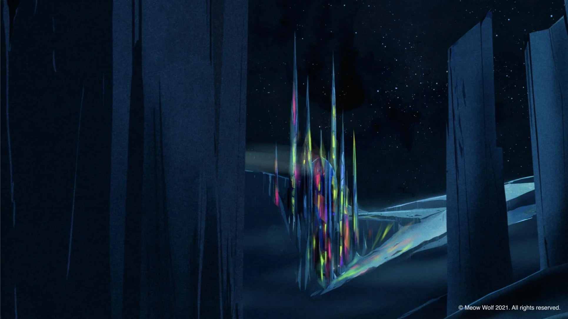 Shards of rainbow light rise through the darkness of the ice — The Forgotten Four, Meow Wolf.