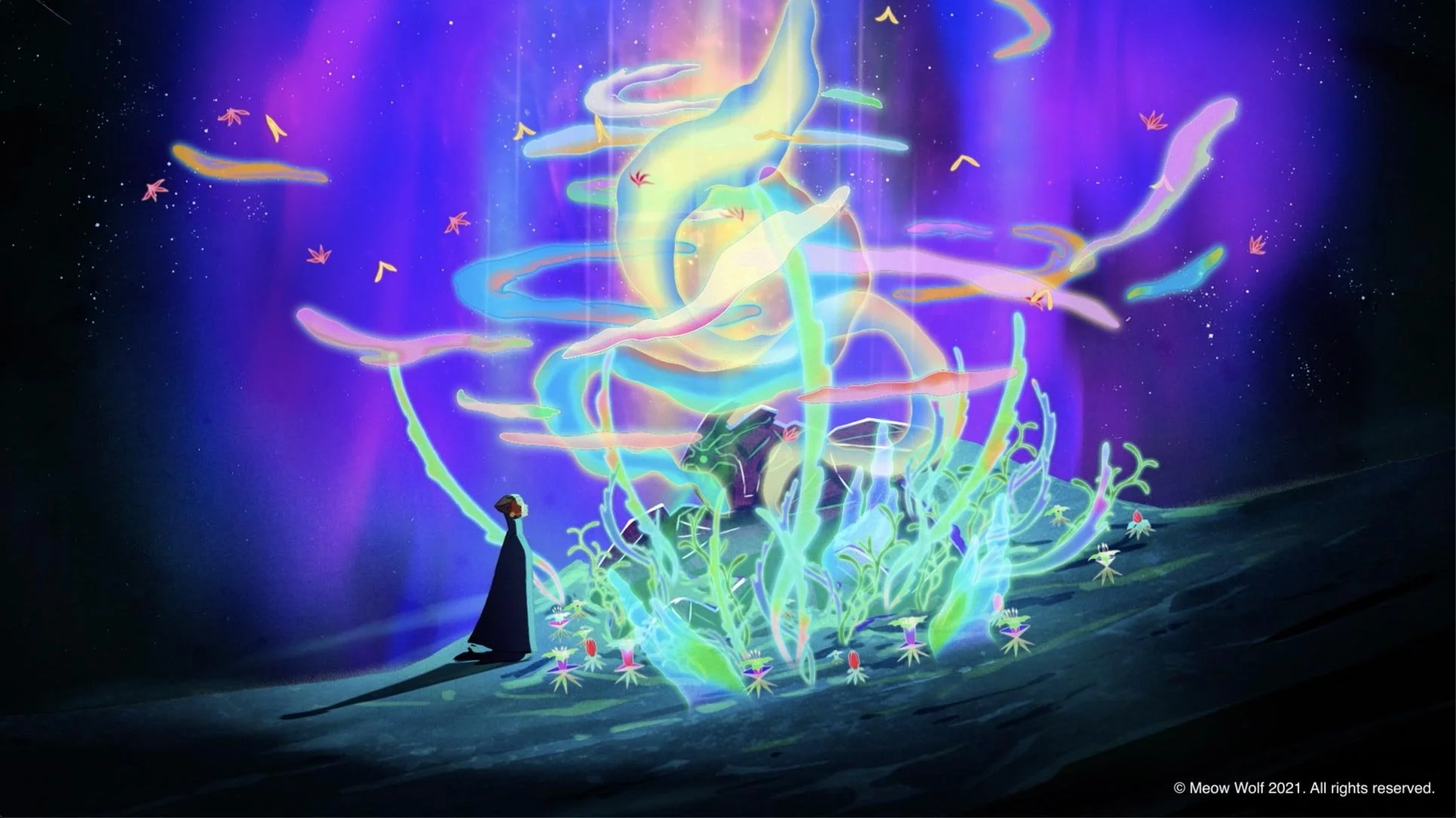Panoa kneels as her song rises in a swirl of glowing light and flowers — The Forgotten Four, Meow Wolf.