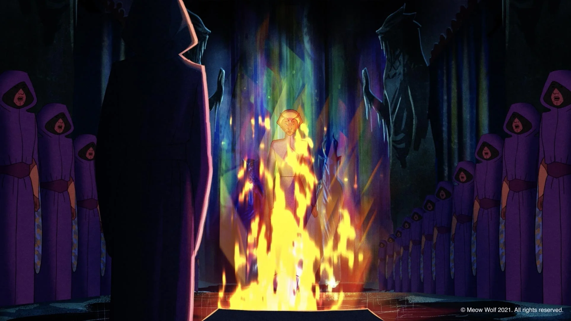 The sacred fire blazes in the crystal cathedral as Araceli stands in the shadows beside it — The Forgotten Four, Meow Wolf.