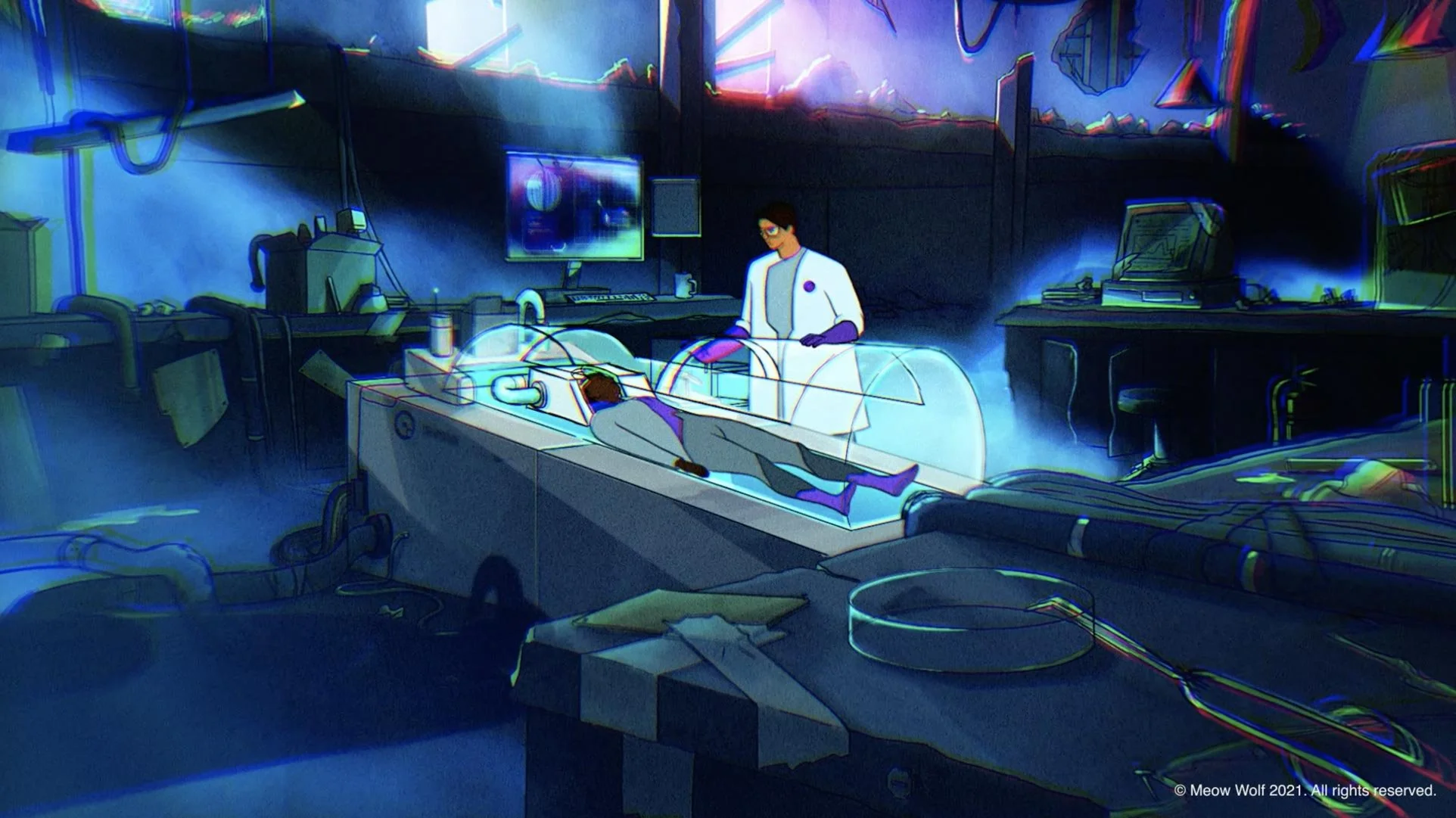 Darya lies in the glowing tank in the C Street lab as Julius watches over her — The Forgotten Four, Meow Wolf.