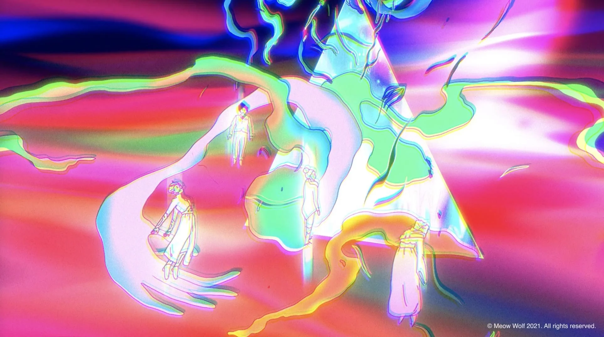 The four women and Numina swirl together through the astral plane in bright, shifting color — The Forgotten Four, Meow Wolf.