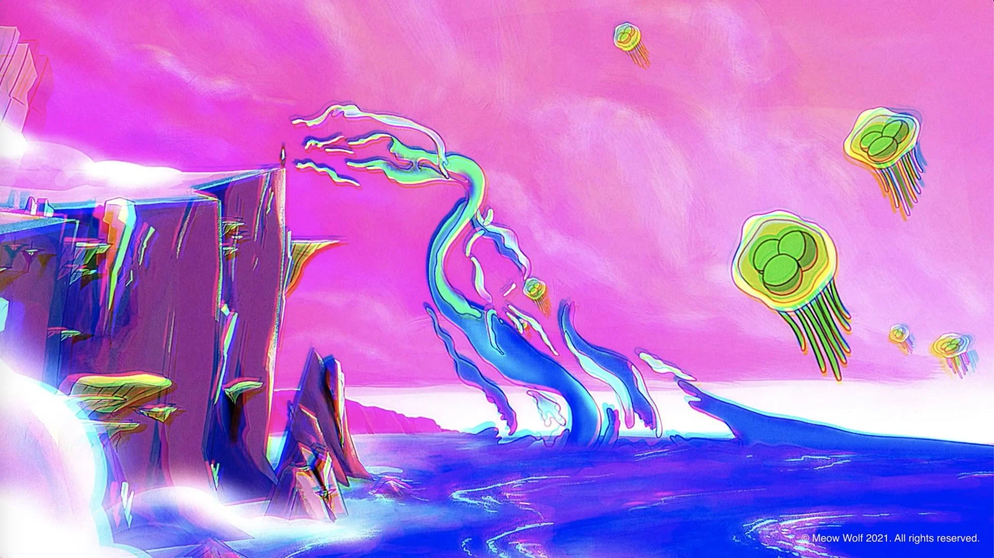 Numina rises from violet water in swirling ribbons of color to find Darya on the cliff — The Forgotten Four, Meow Wolf.