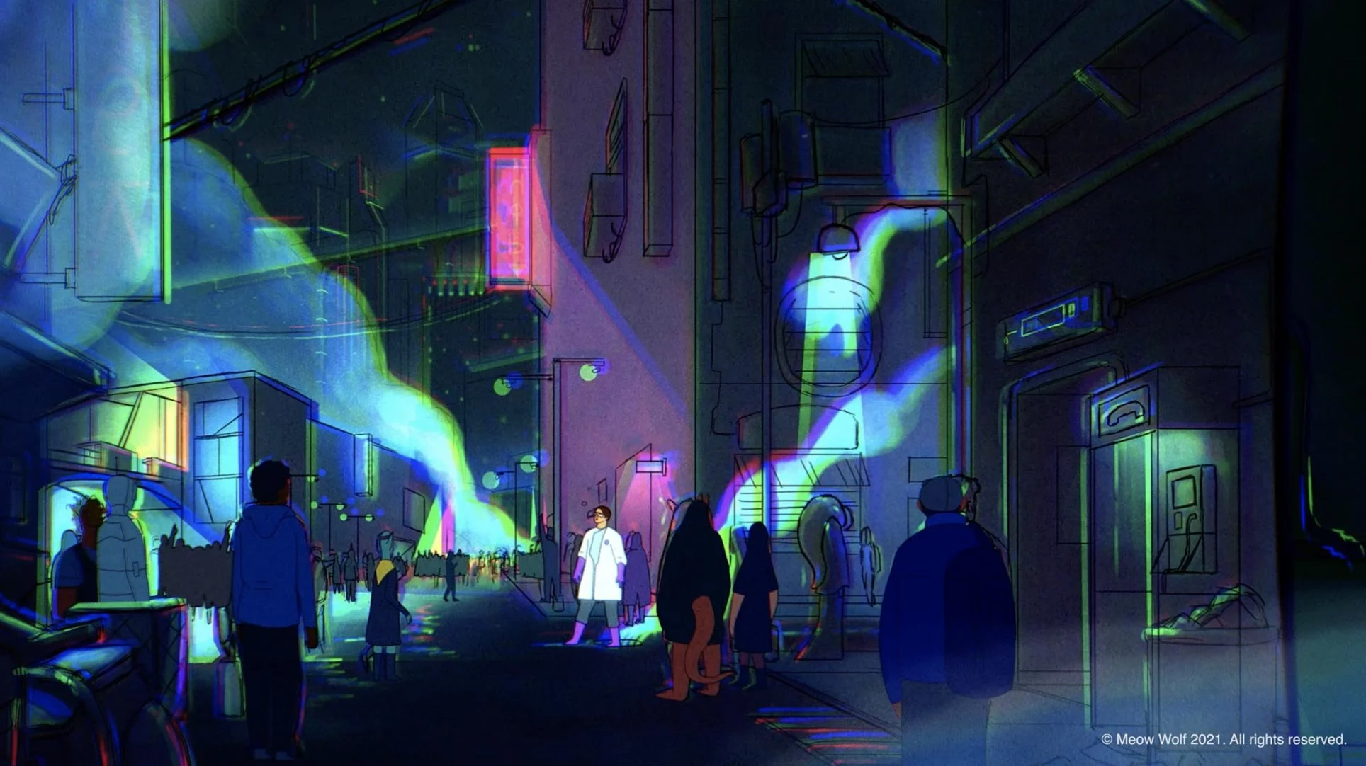 Glowing figures and passersby crowd a dark C Street at night — The Forgotten Four, Meow Wolf.