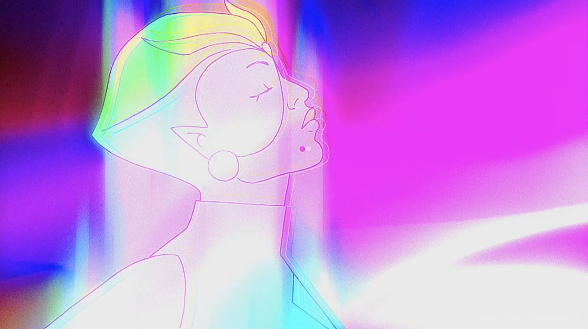 A close-up of Panoa, eyes closed, glowing in the soft pink light of the astral plane — The Forgotten Four, Meow Wolf.