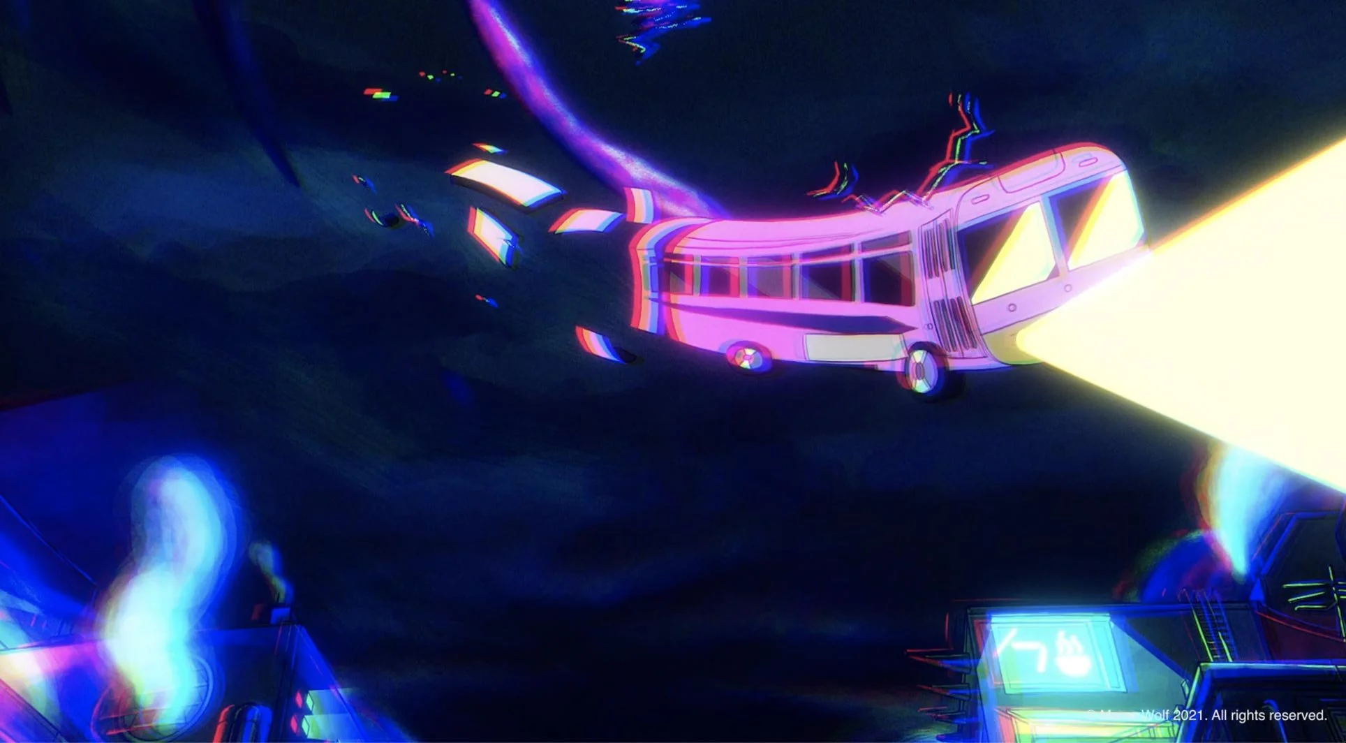 A glowing pink bus flies through a dark, rippling void, its headlights blazing — The Forgotten Four, Meow Wolf.