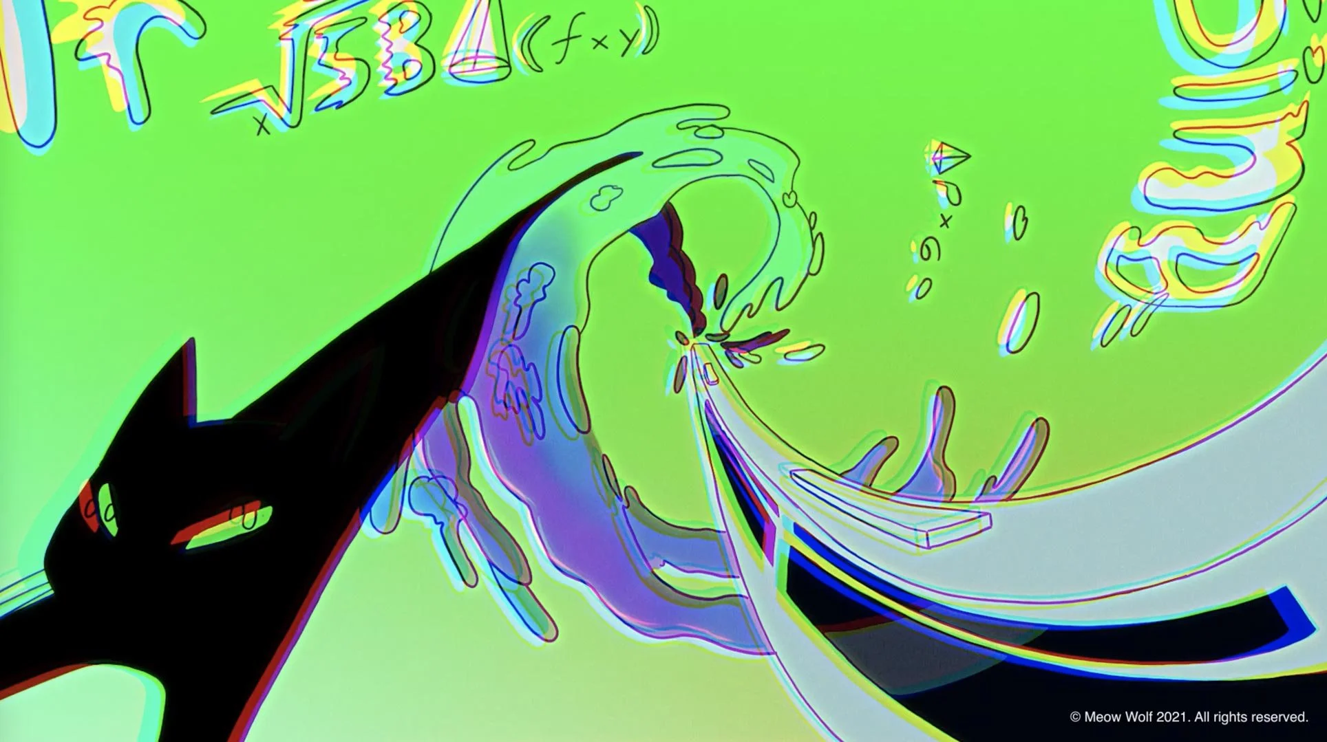 Dimensions pull together as the bus and Quesa, Pam's cat, are swept into a green wave — The Forgotten Four, Meow Wolf.