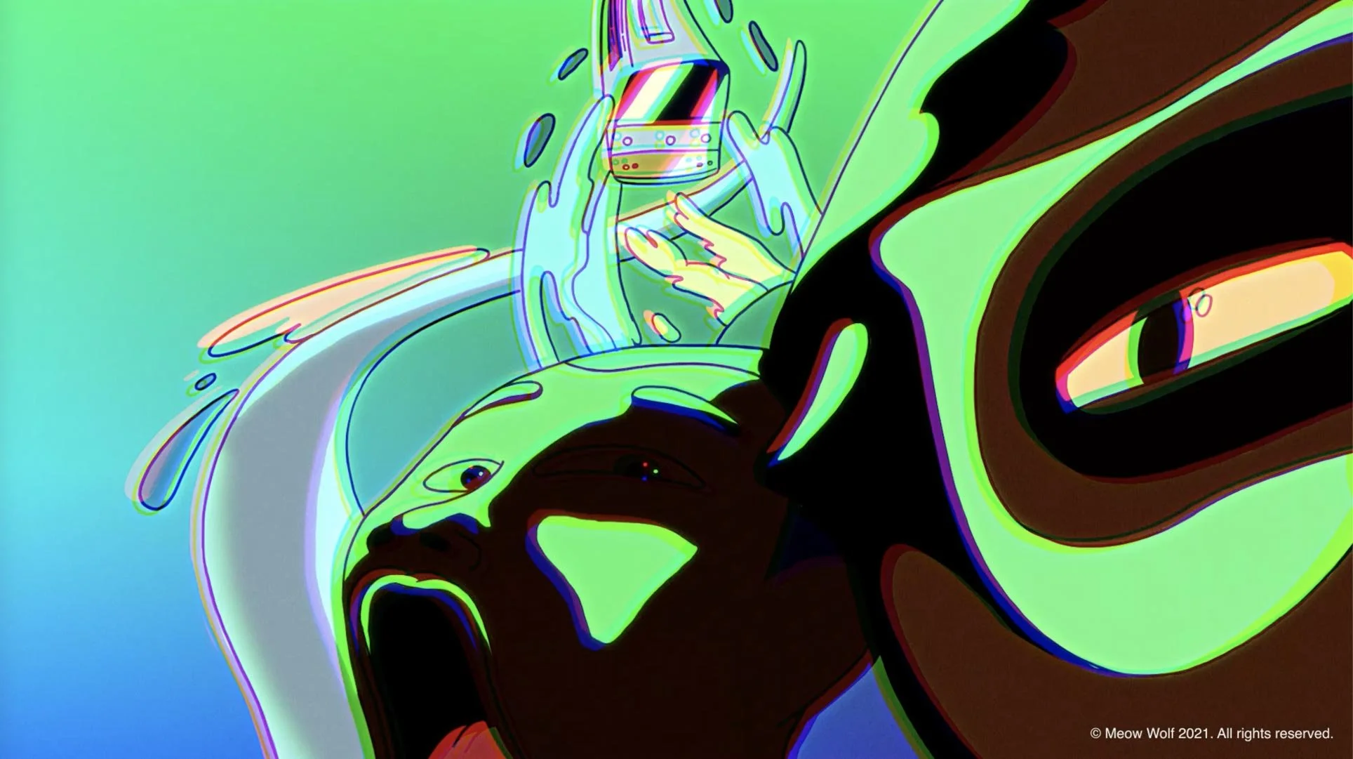 The faces of the Forgotten Four are twisted together through dimensions in a rush of green light — The Forgotten Four, Meow Wolf.