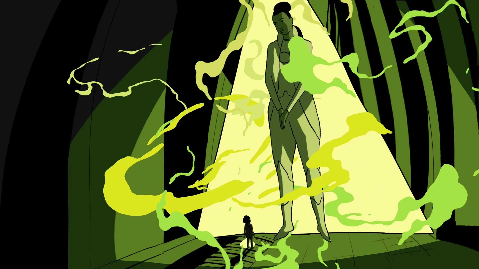 In a subway tunnel, young Pam watches a rift open in time and space as Darya appears, huge against the tunnel walls — The Forgotten Four, Meow Wolf.