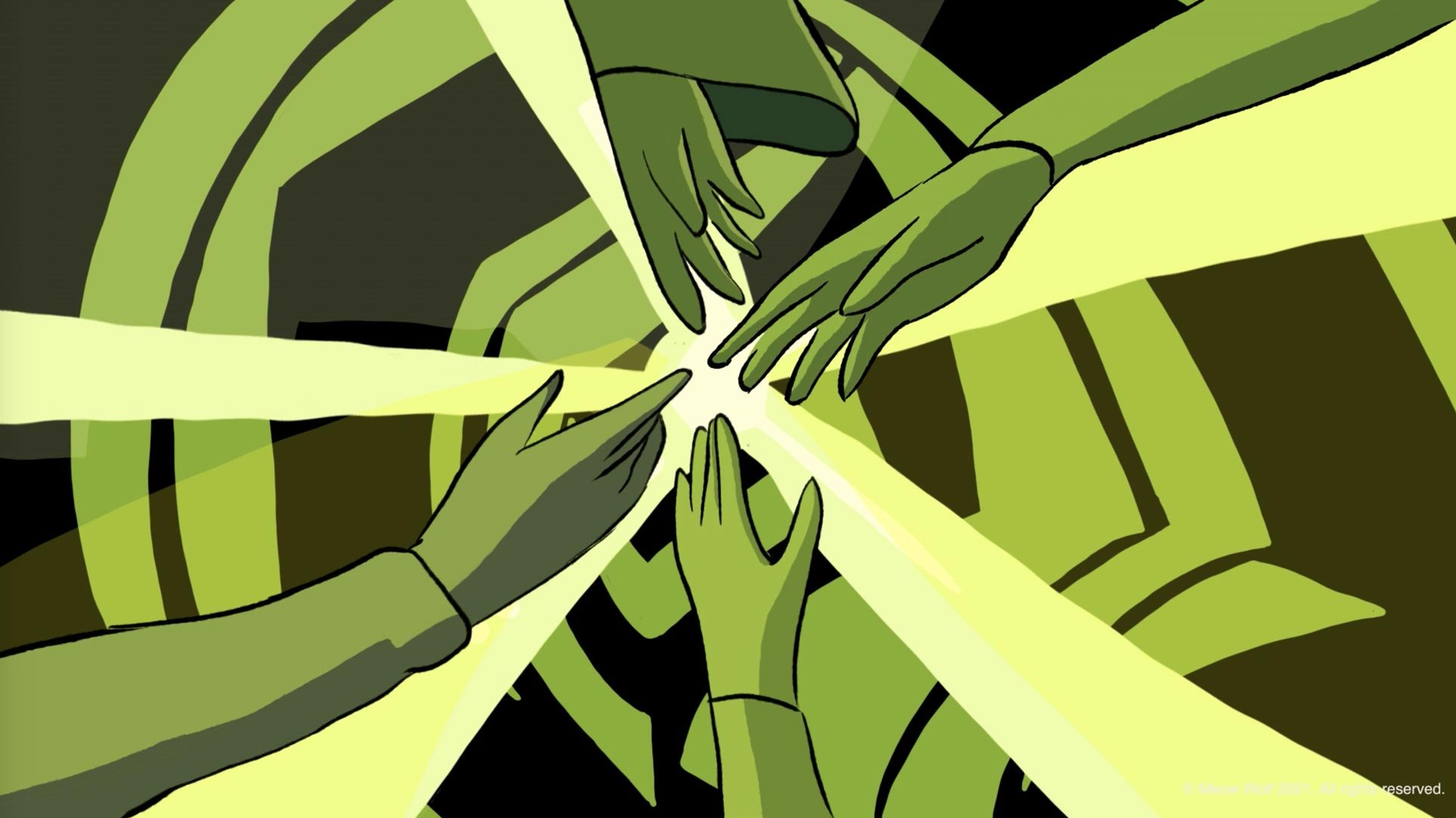Hands reach toward one another through rays of green light — The Forgotten Four, Meow Wolf.