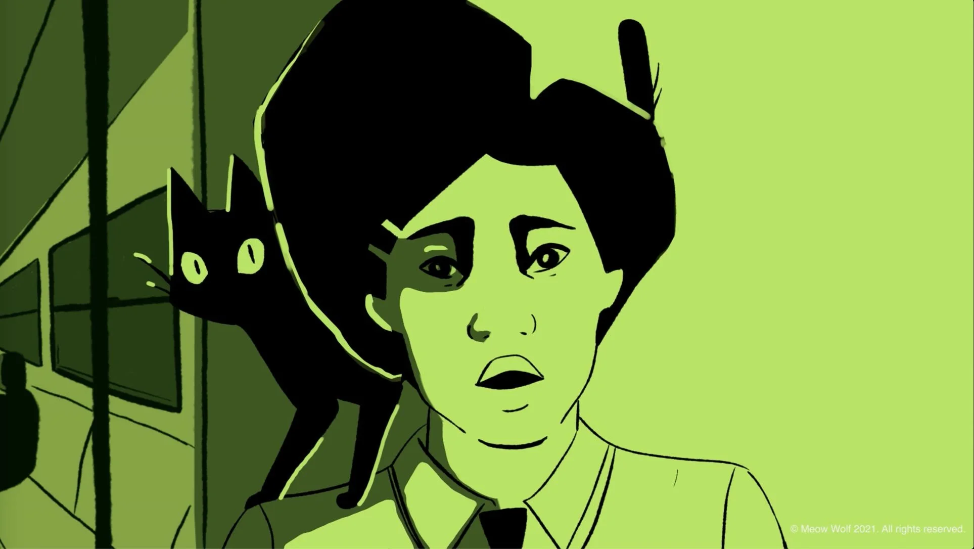 Pam looks up from the driver's seat of the bus, worried, as Quesa watches beside her — The Forgotten Four, Meow Wolf.