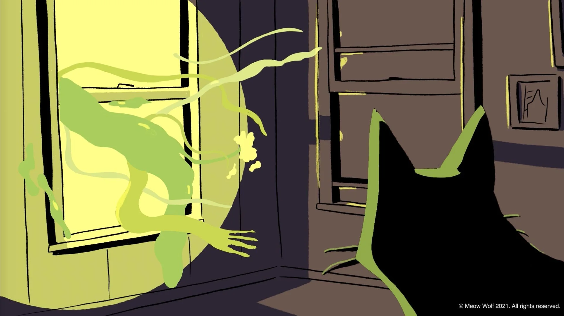Numina's glowing green tendrils slip through the window of Pam's dark apartment — The Forgotten Four, Meow Wolf.