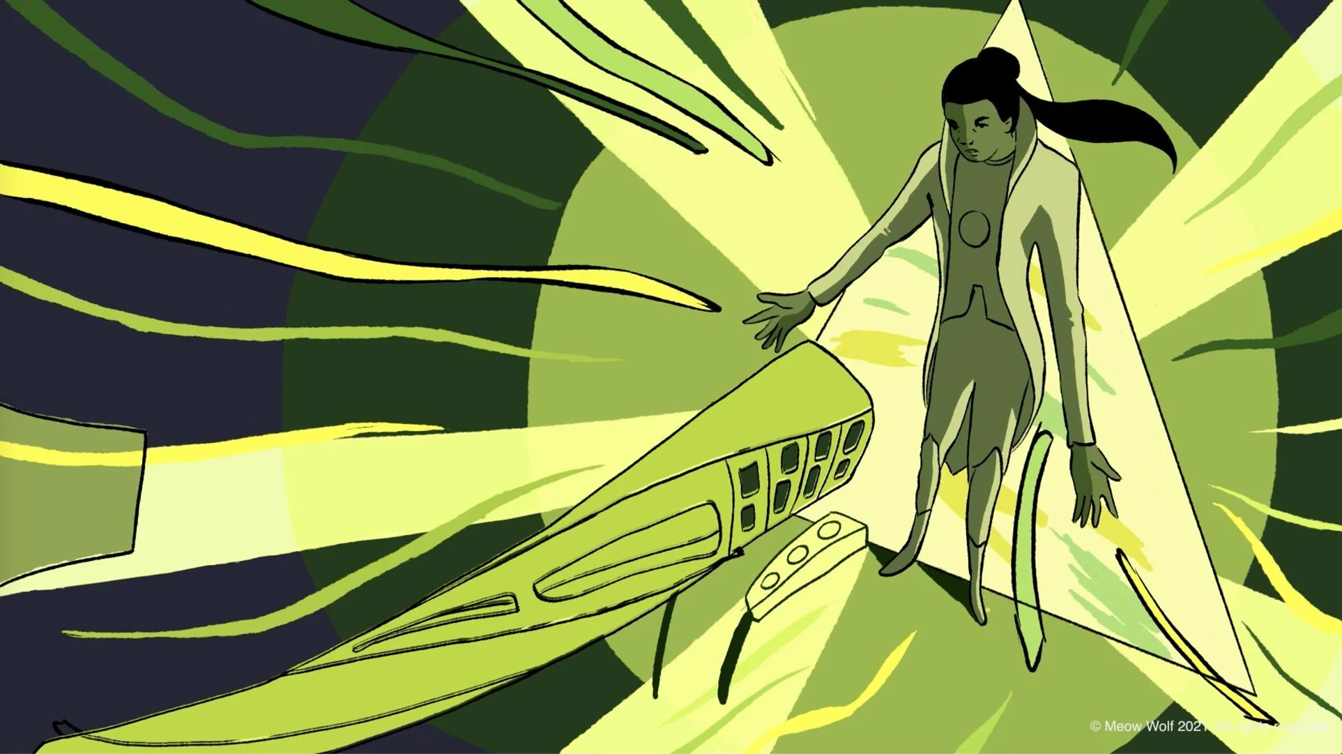 Darya reaches toward the bus as it bursts through rays of green light — The Forgotten Four, Meow Wolf.