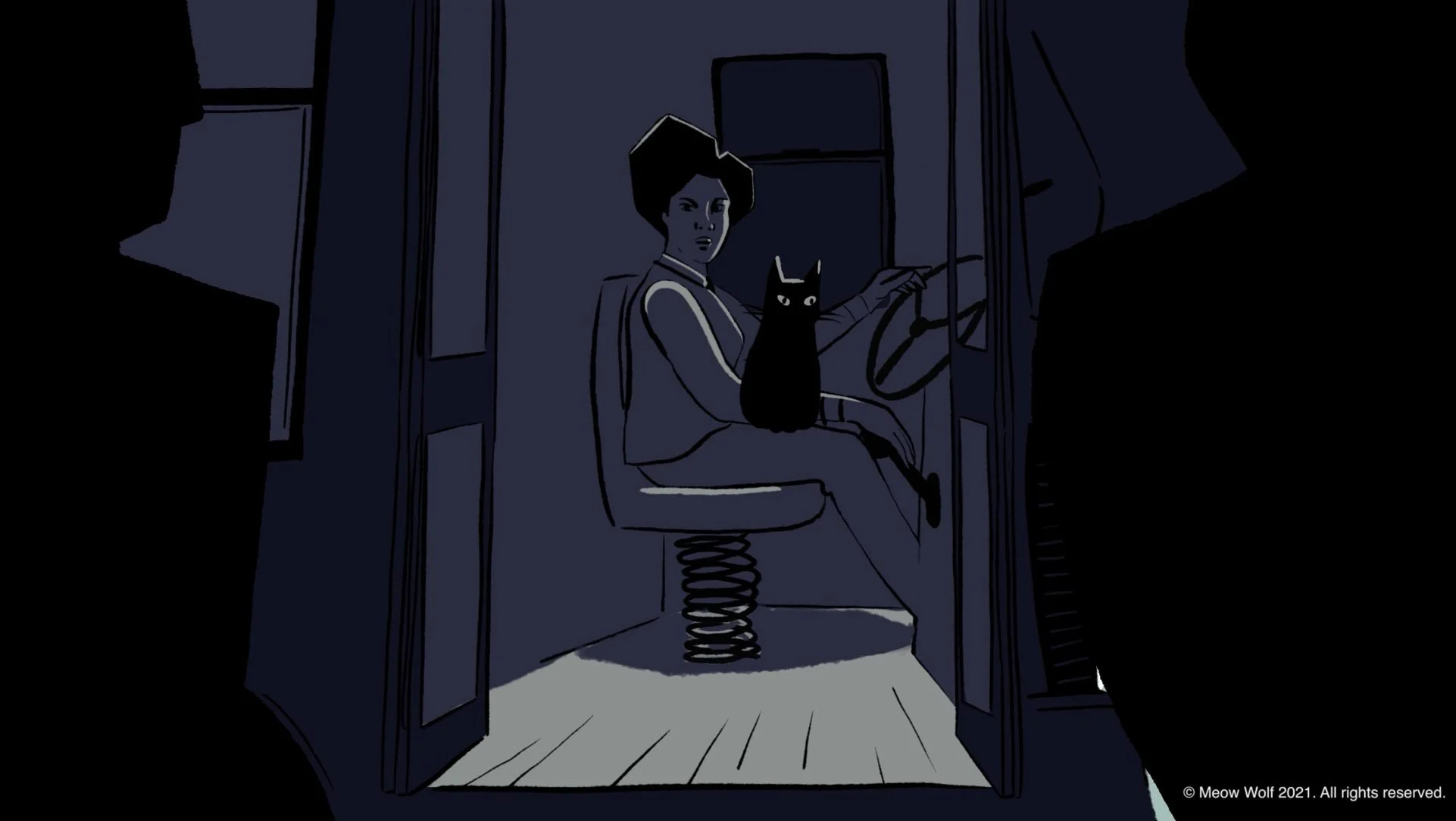 At night, Pam sits in a chair holding Quesa in her darkened apartment — The Forgotten Four, Meow Wolf.
