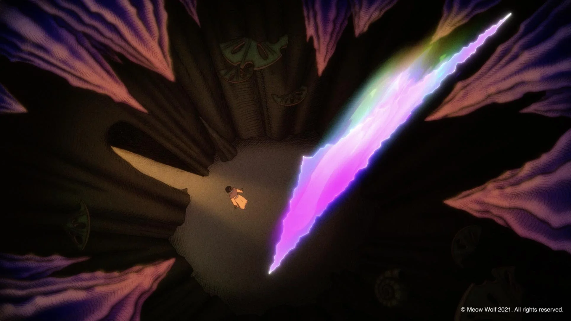A violet tear opens across the darkness of the cavern in front of young Rune — The Forgotten Four, Meow Wolf.