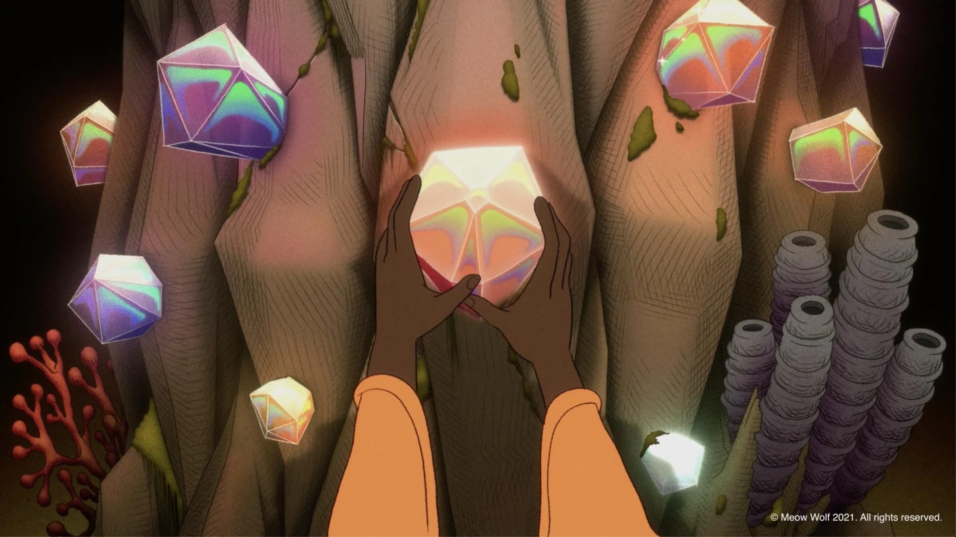 Rune fits a glowing crystal in a stone column in the dim cavern — The Forgotten Four, Meow Wolf.
