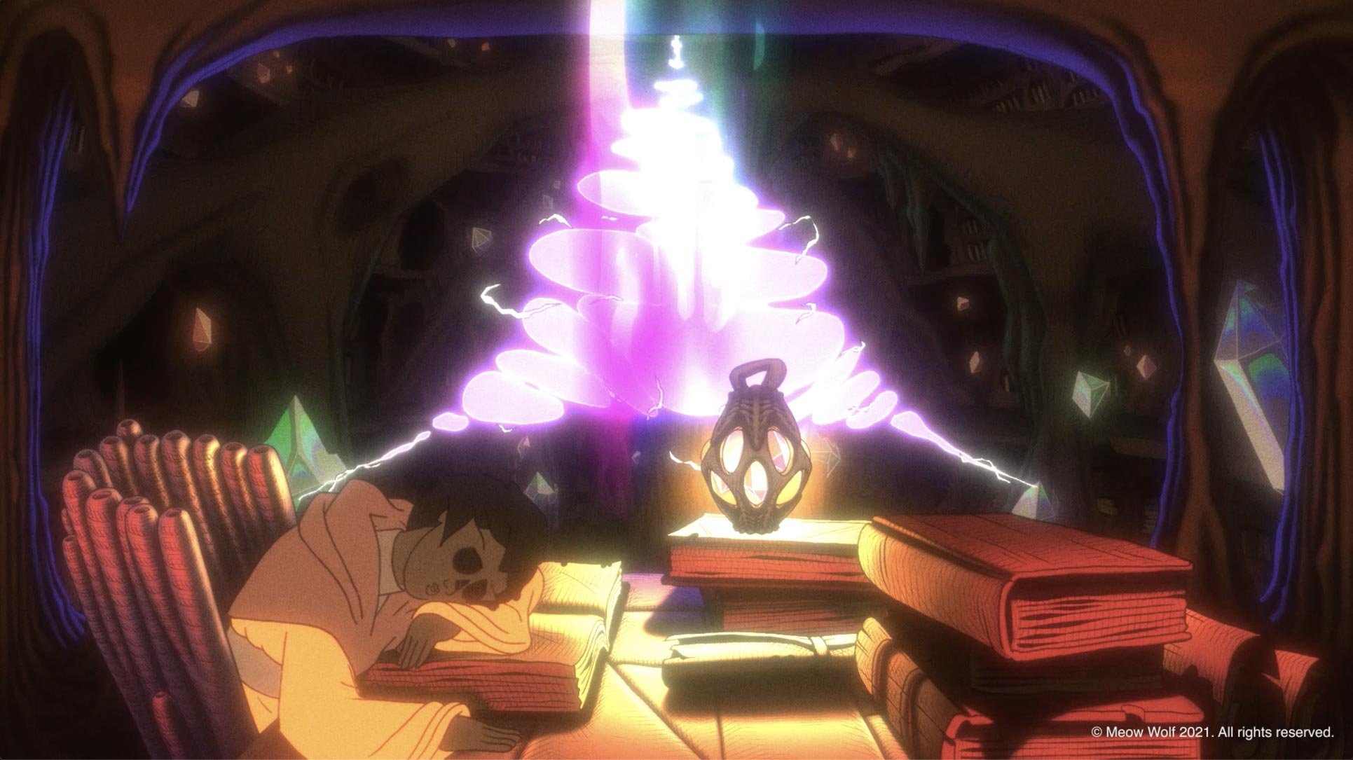 A burst of violet light erupts above Rune's table and its stacks of books — The Forgotten Four, Meow Wolf.
