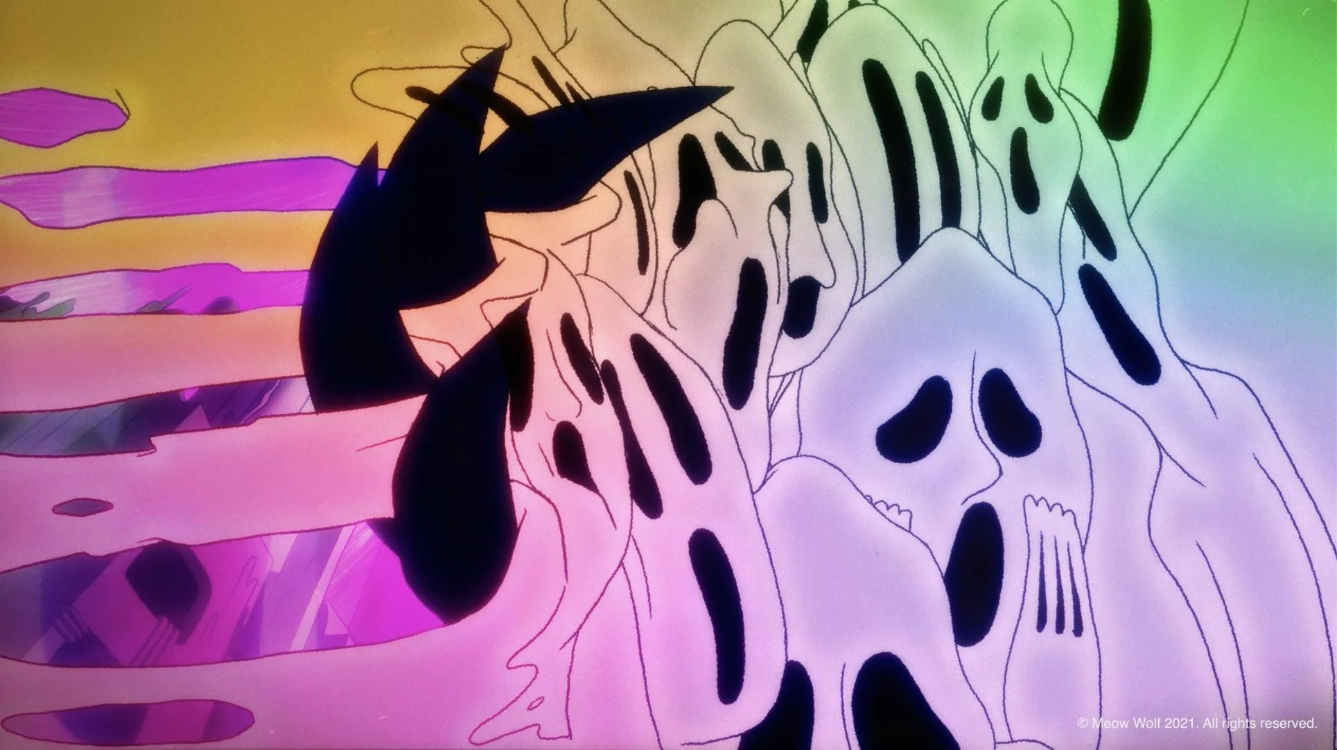 Oliander's dark claws surge through a crowd of pale, ghostly faces — The Forgotten Four, Meow Wolf.