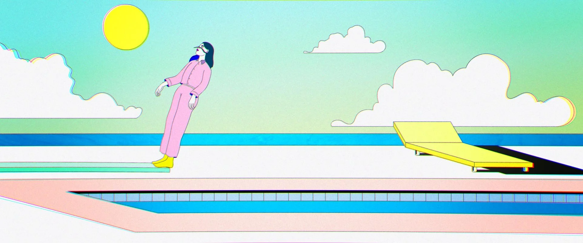 A sleeping woman in pink pajamas falls backward from a diving board toward the pool below — Toast, Steak & Rosé.