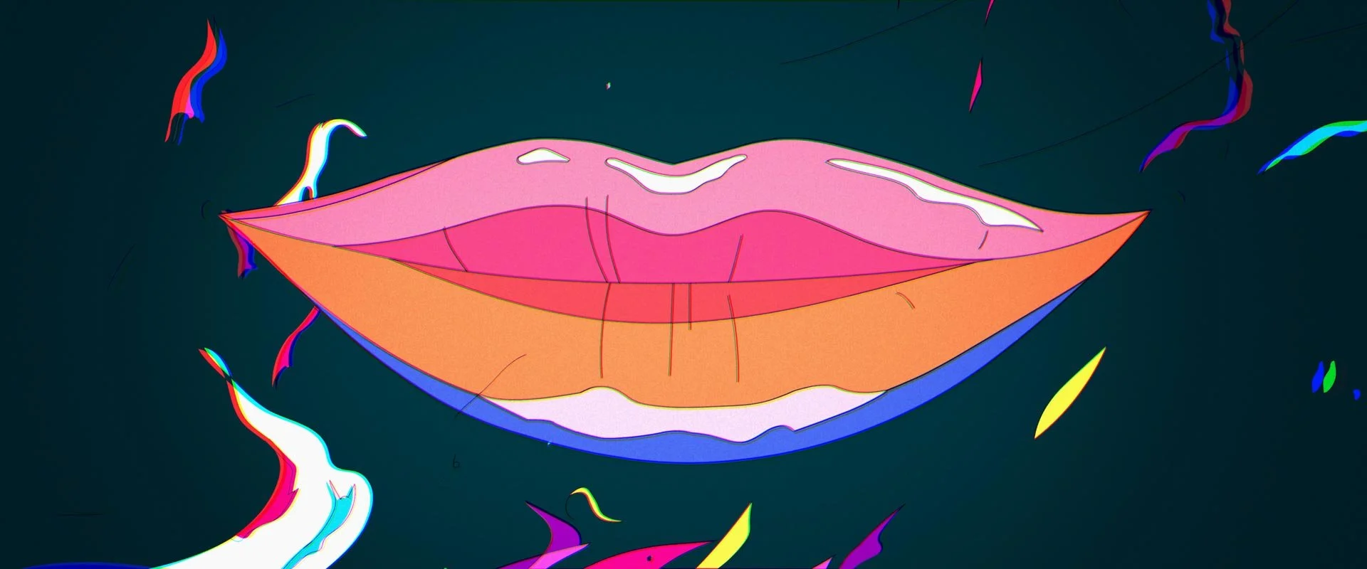 Smiling lips float in a dark void, surrounded by swirls of color — Toast, Steak & Rosé.