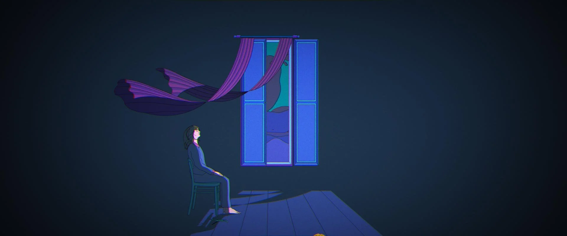 A woman sleeps sitting up in a dark room as curtains blow in through an open window onto the night sky — Toast, Steak & Rosé.