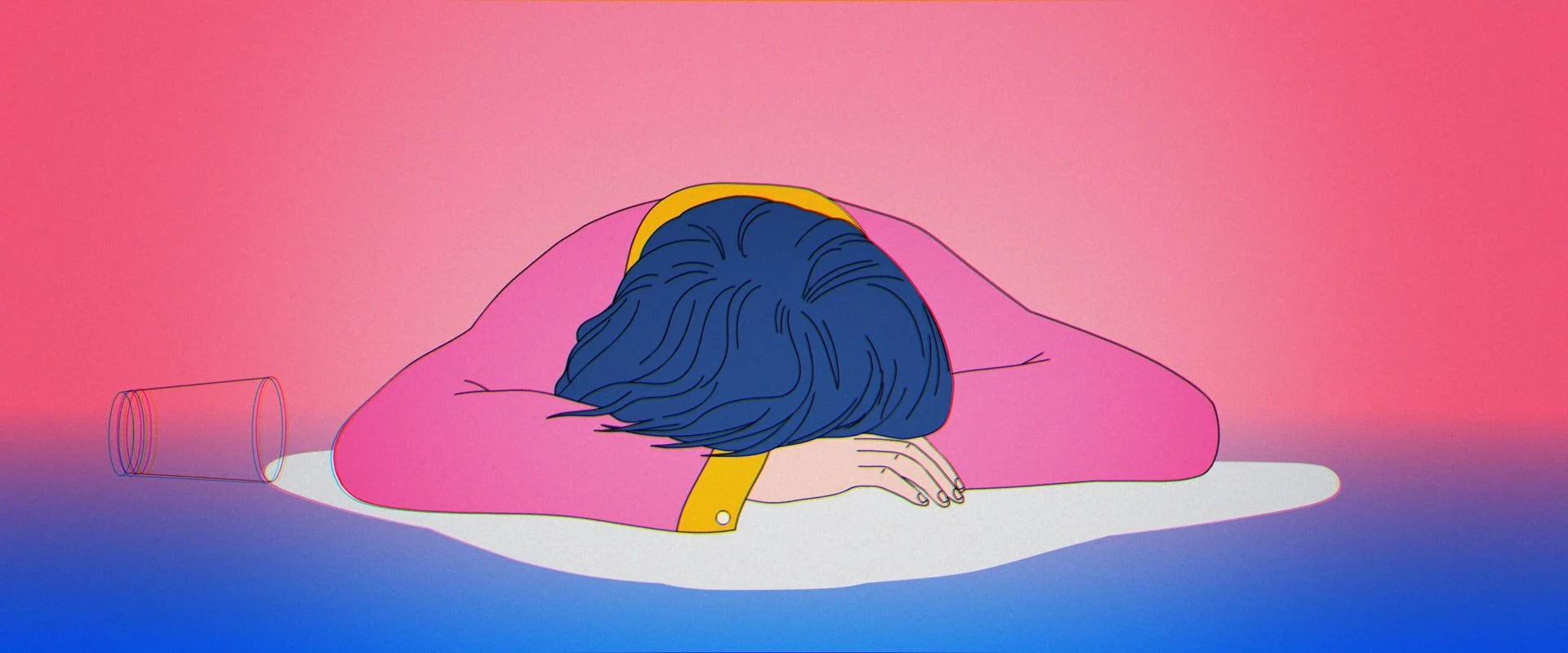 A woman sleeps face-down, her head resting on her arm, in a puddle of spilled milk — Toast, Steak & Rosé.