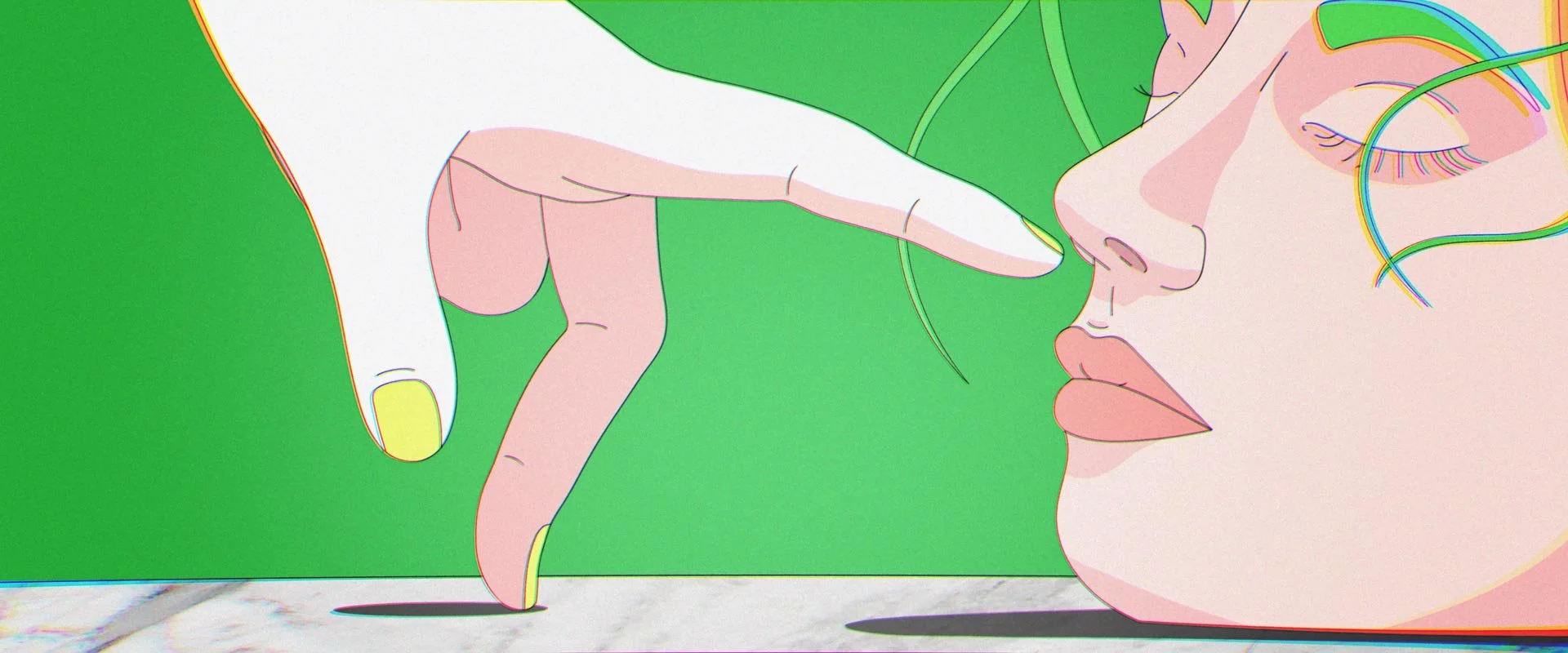 A hand walks up on its fingers and pushes a sleeping woman's head to one side — Toast, Steak & Rosé.