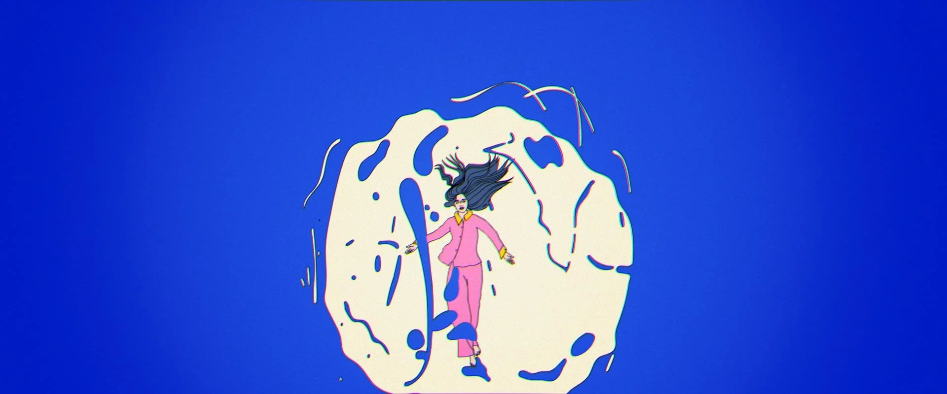 A woman sleeps inside a swirling bubble of milk, floating up through a blue void — Toast, Steak & Rosé.