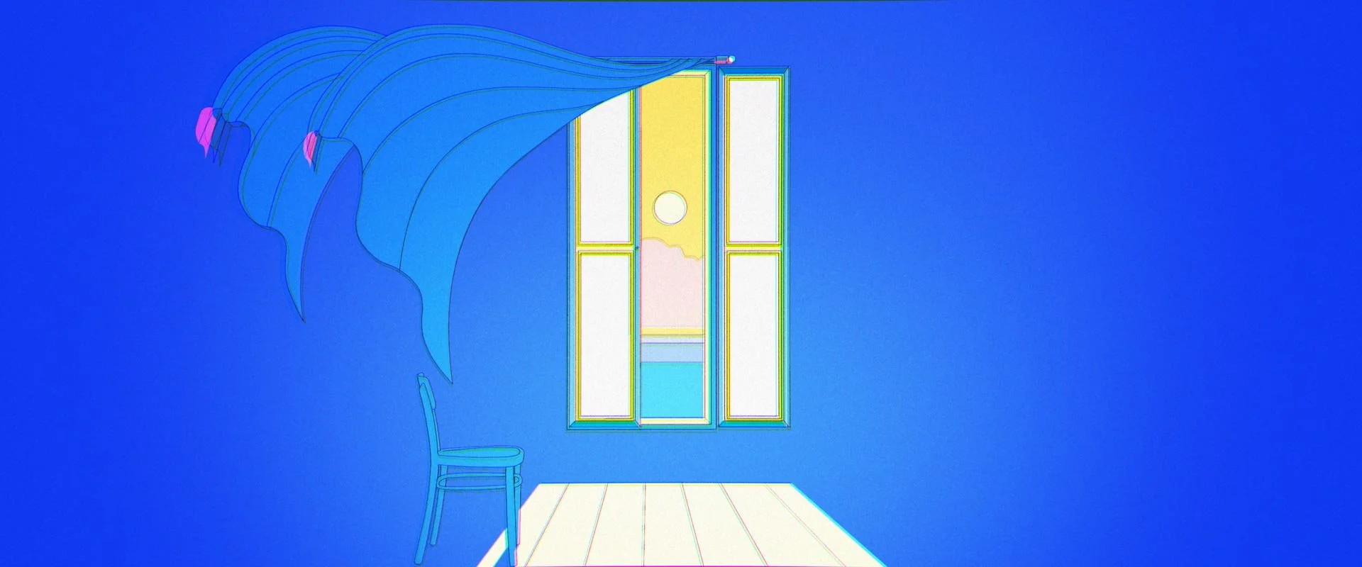 In an empty room with a single chair, curtains blow beside an open window looking out to sea — Toast, Steak & Rosé.