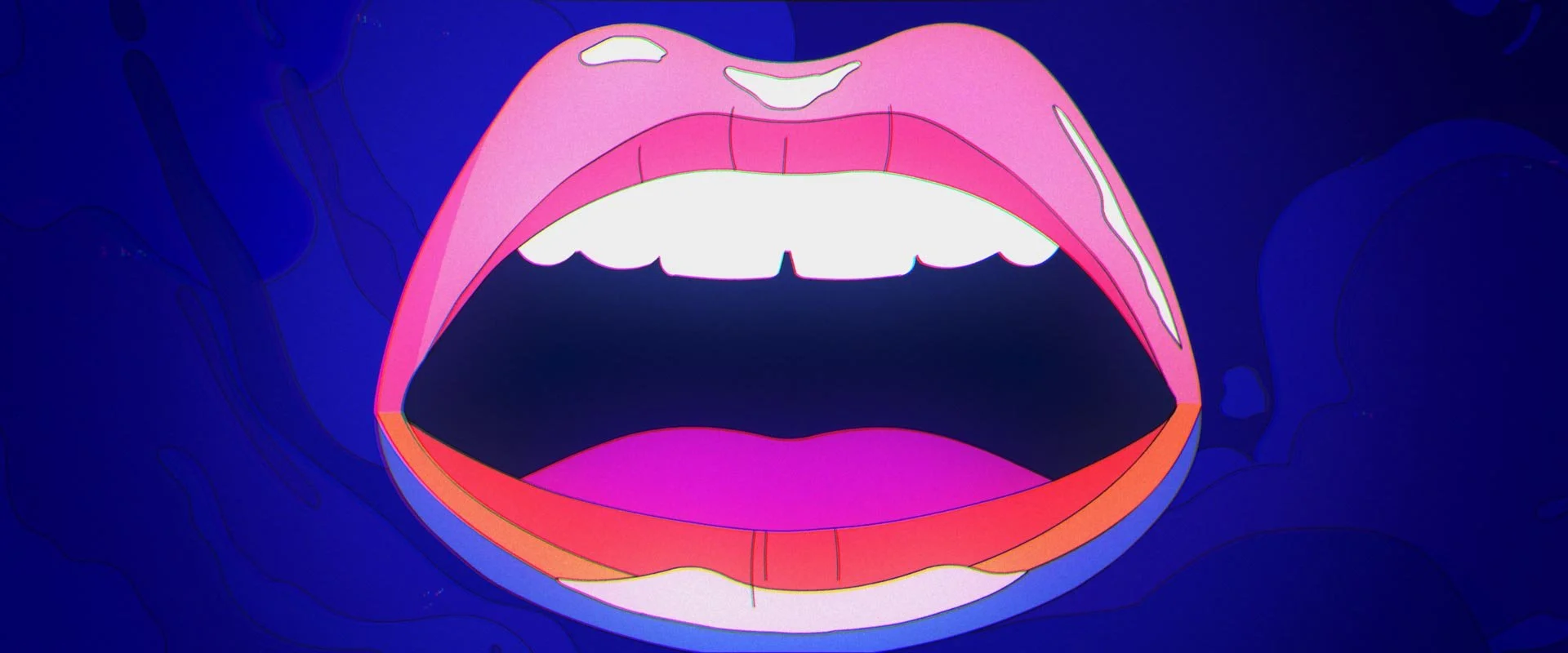 A large open mouth with bright pink lips fills the frame, mid-word — Toast, Steak & Rosé.