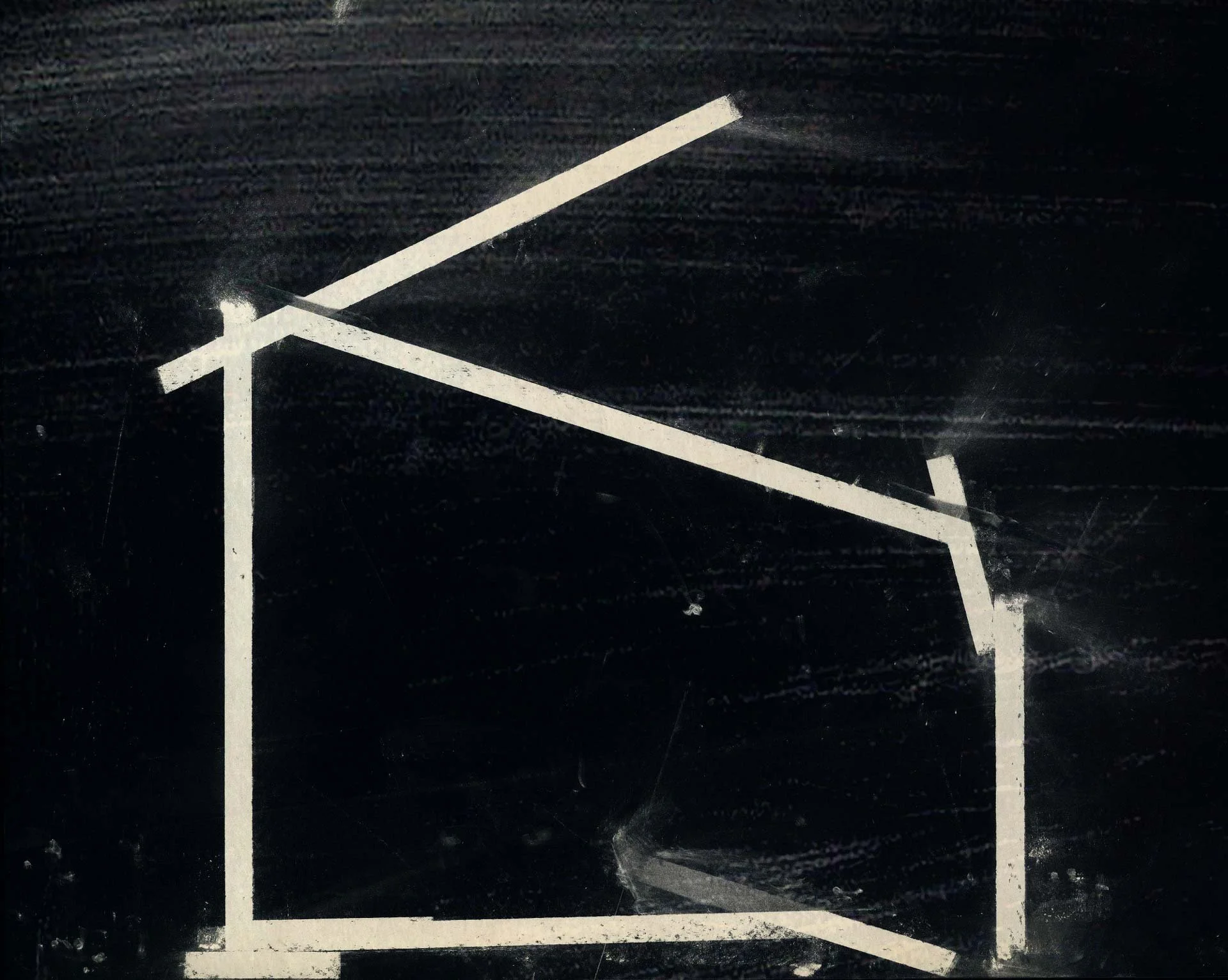 Strips of white tape form the outline of a house on black — All These Sons.