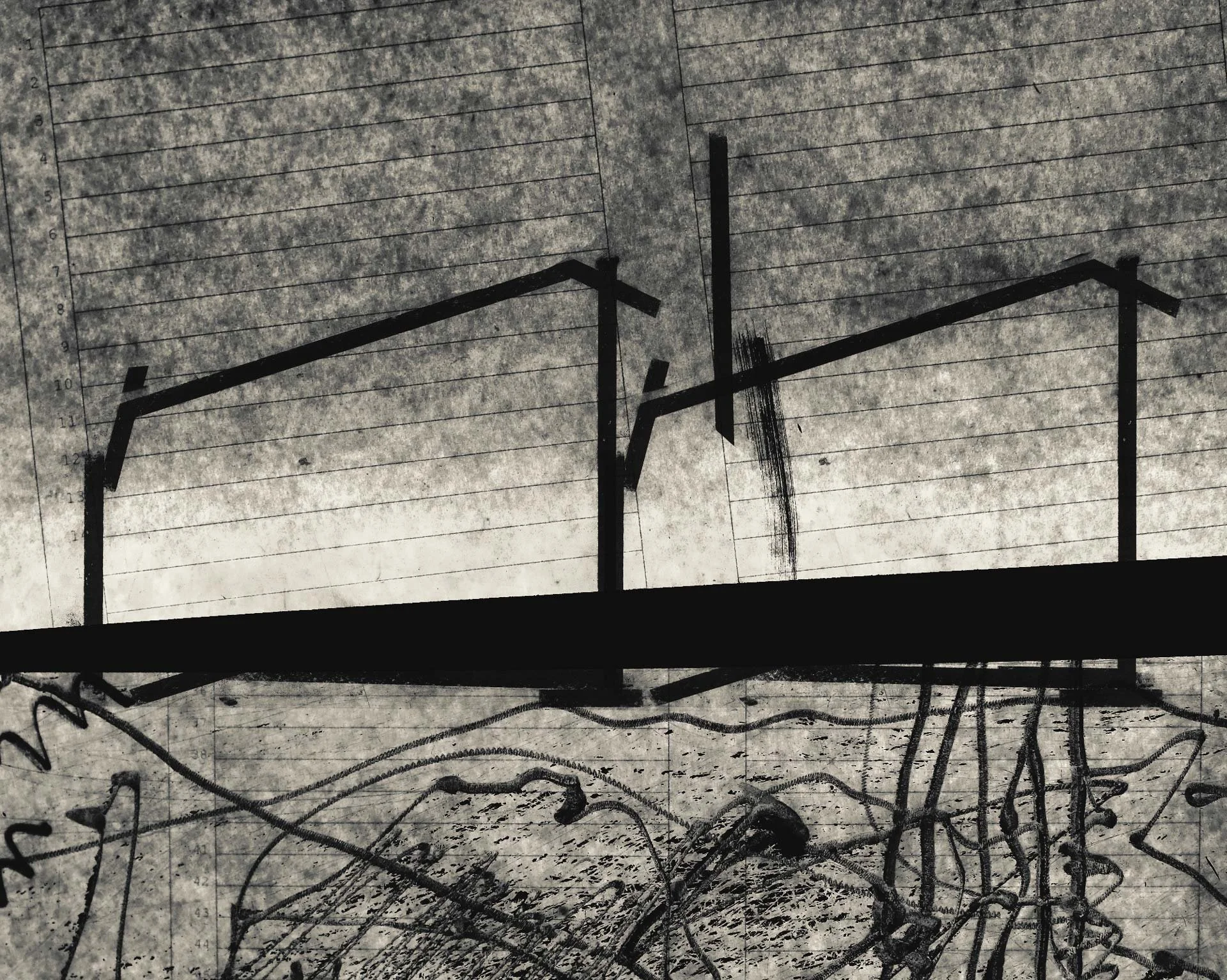 Black tape lines frame a house over gray lined paper, with scribbles tangling below — All These Sons.