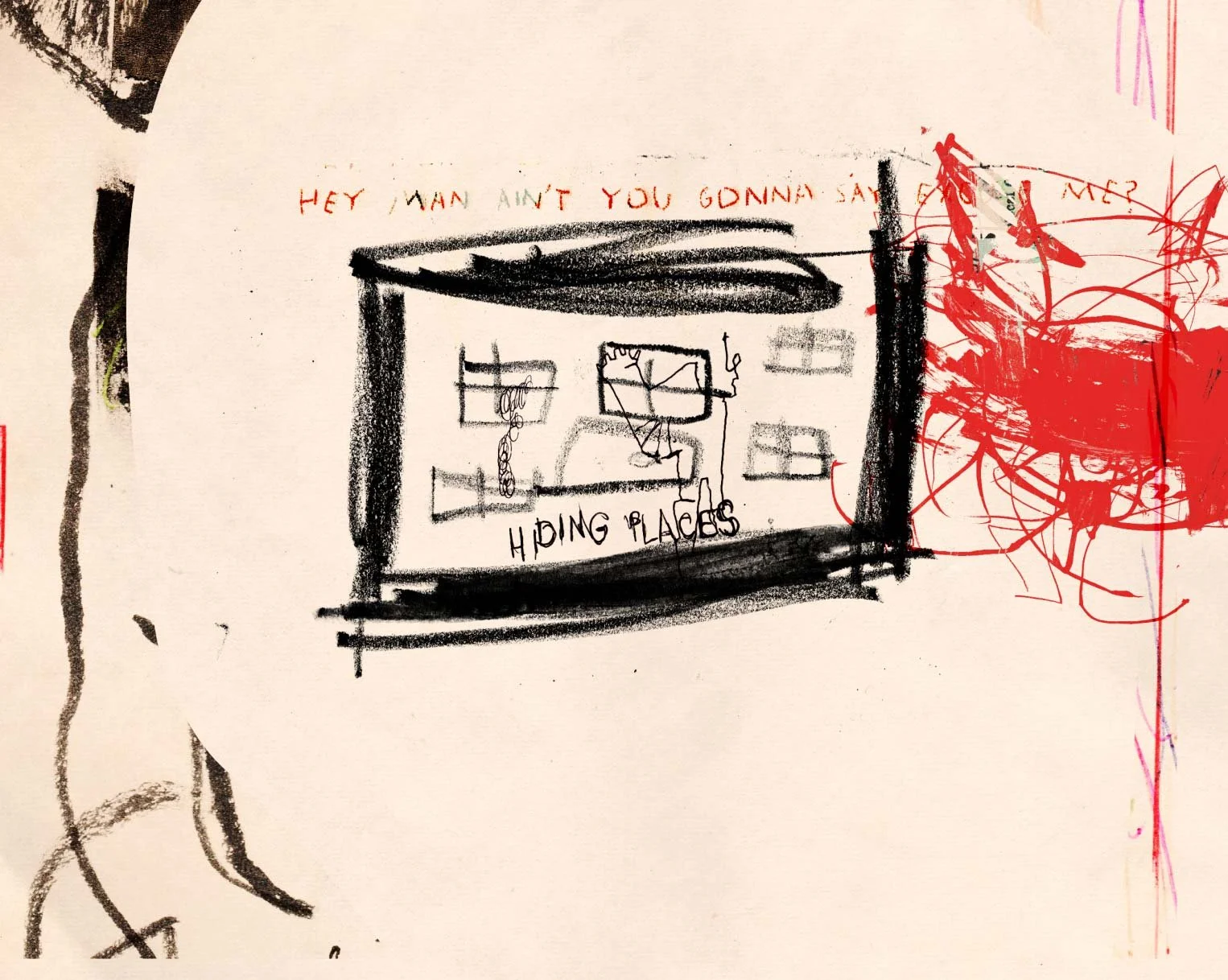 A crayon house labeled "Hiding places" sits beneath the words "Hey man, ain't you gonna say…" as red scribbles of violence crowd its edge — All These Sons.