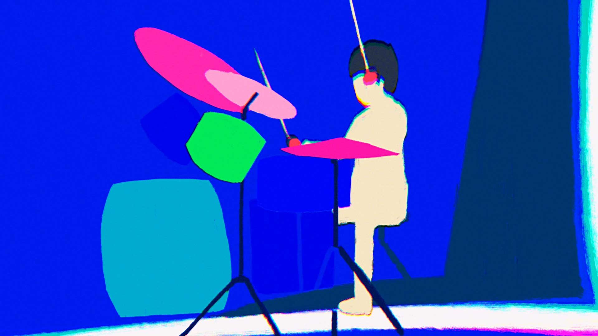 Young Mark Ronson plays the drums in his childhood bedroom — Watch the Sound, Apple TV+.