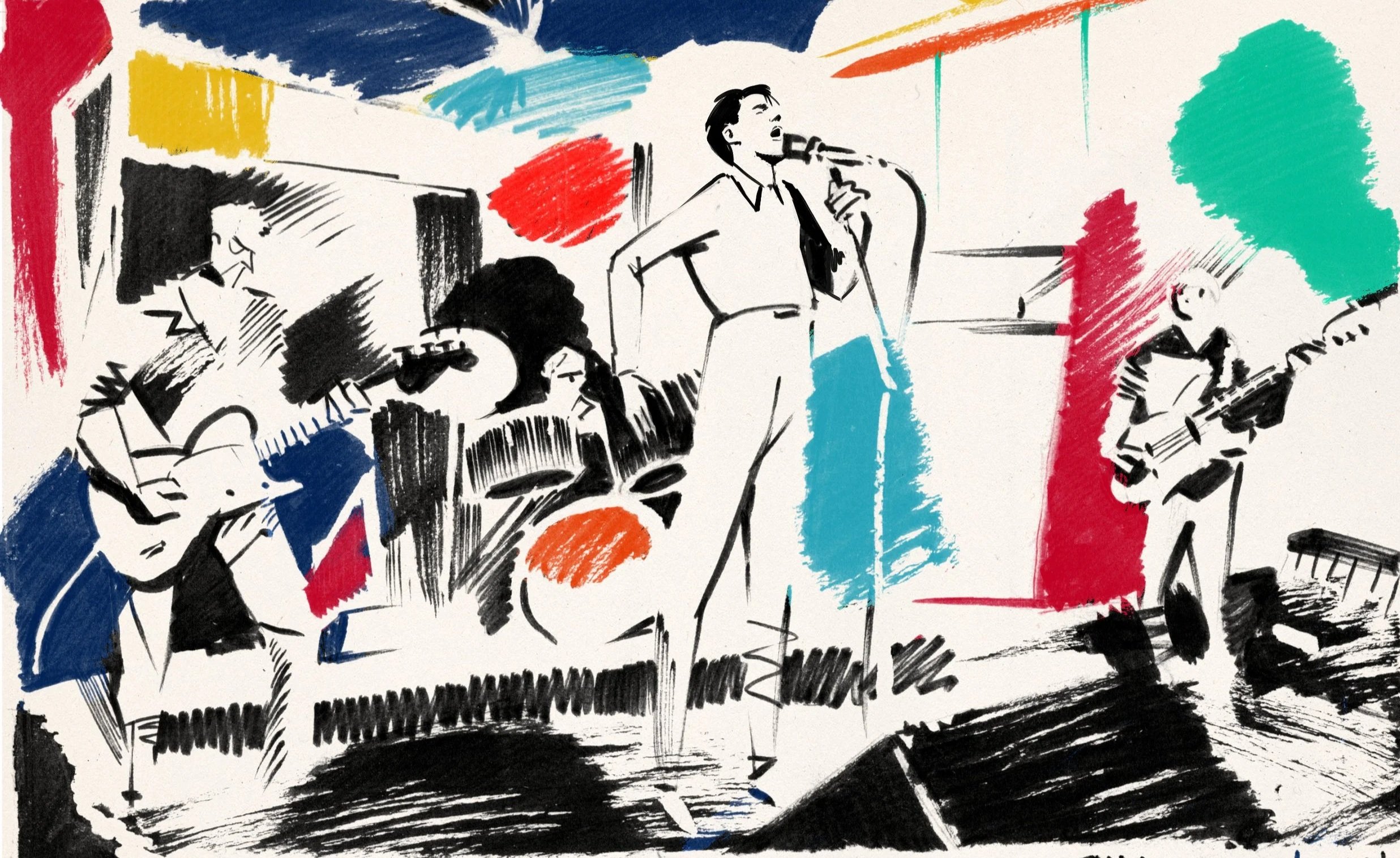 In a loose black-ink sketch with flashes of red and blue, David Byrne of Talking Heads sings into the microphone in front of the drummer — Watch the Sound, Apple TV+.