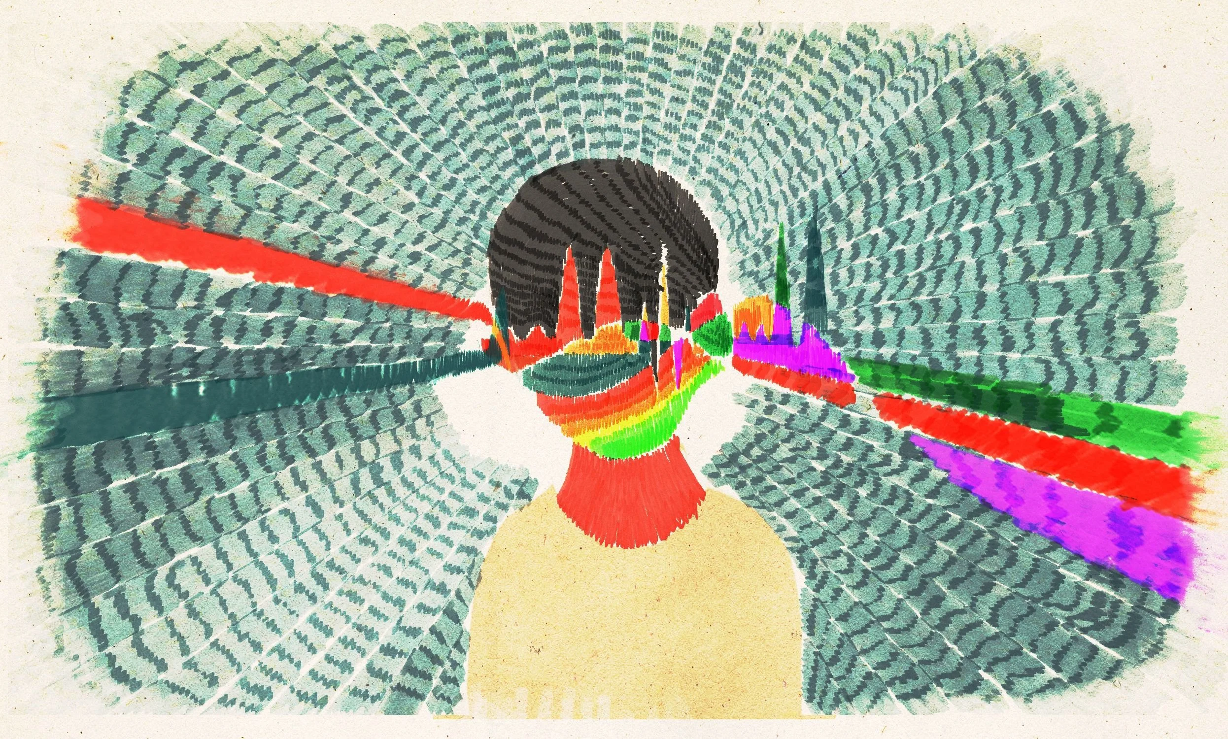 Seen from behind, young Mark Ronson listens as streaks of rainbow-colored music race through his head and reshape his thinking — Watch the Sound, Apple TV+.