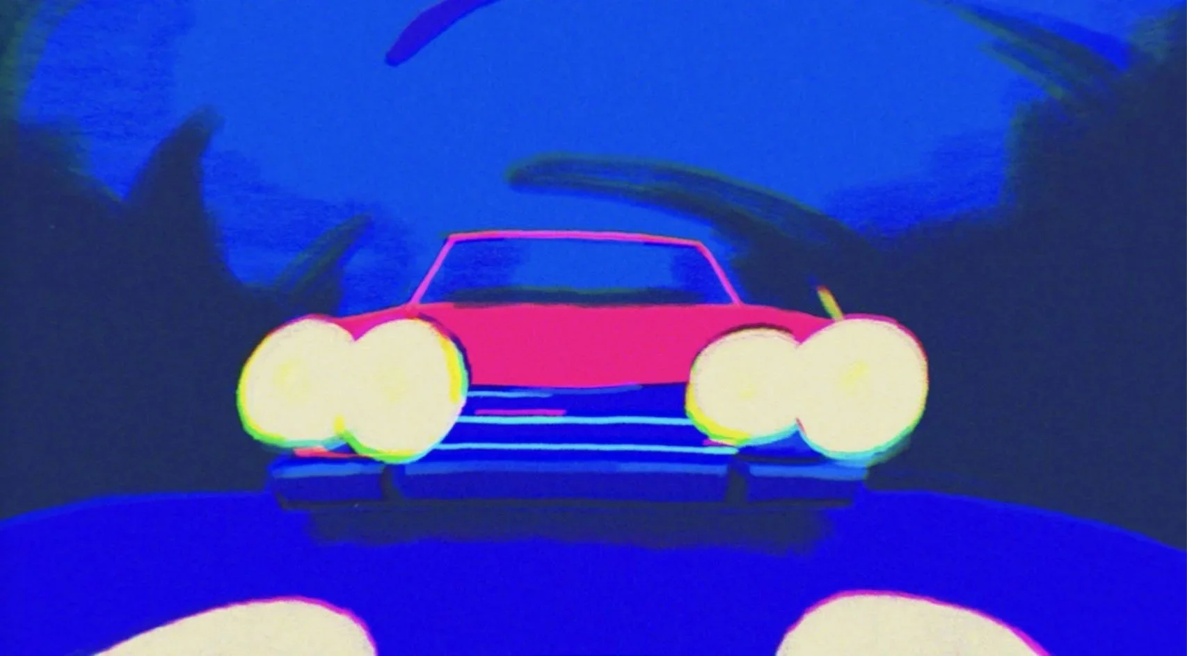 A pink car's headlights glow on a deep blue night road — Watch the Sound, Apple TV+.