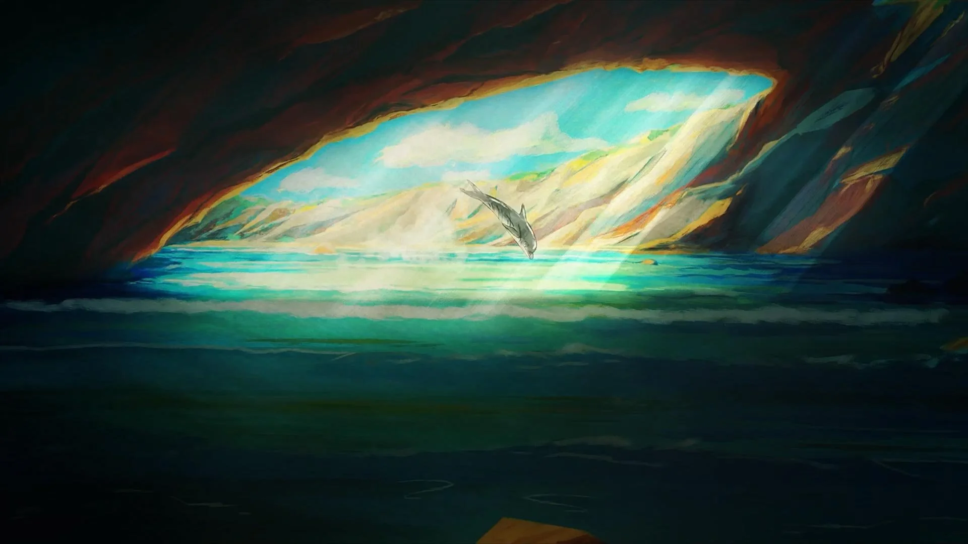 The dolphin leaps in the bright, hidden cove as Moon and Milly find her — Moon & the Dolphin, BFI.