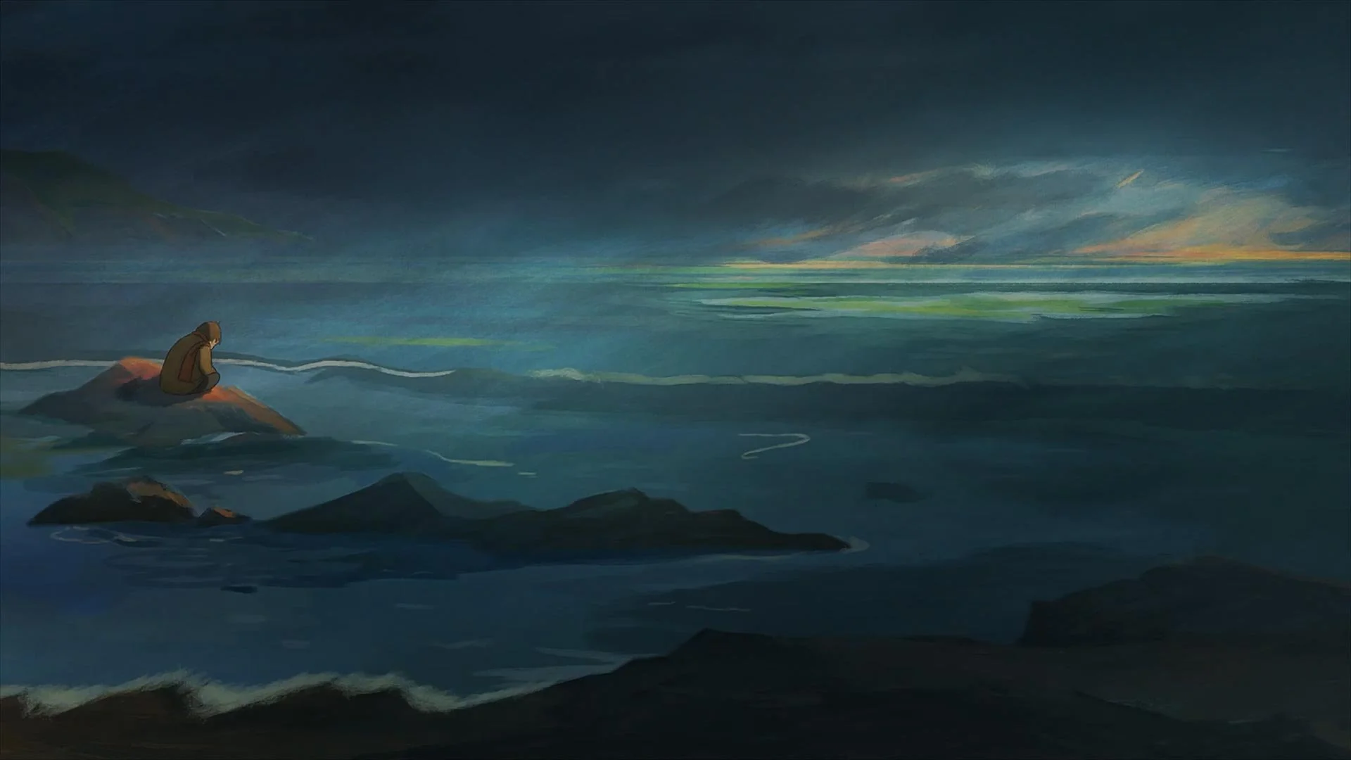 Moon's rock sits alone on the dark sea after a storm — Moon & the Dolphin, BFI.