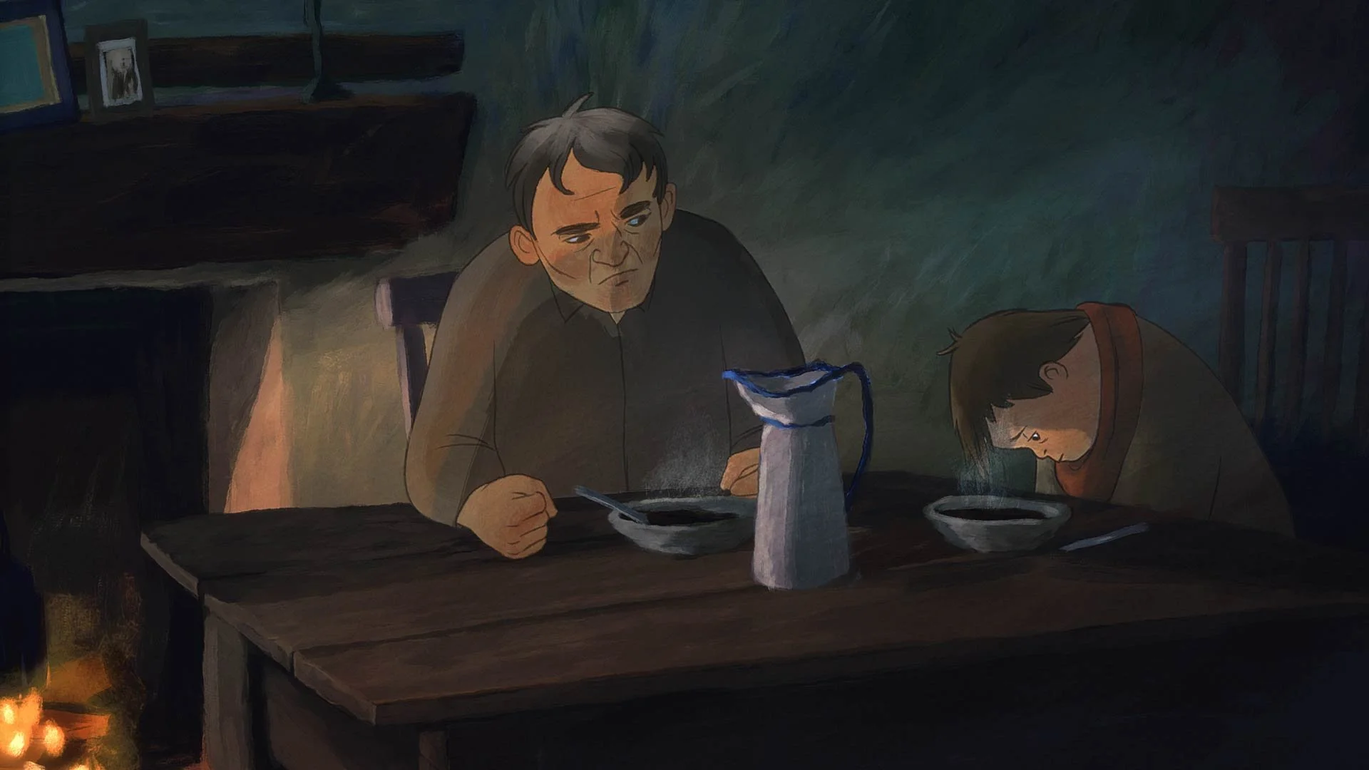 Moon's father glowers across the table at him — Moon & the Dolphin, BFI.