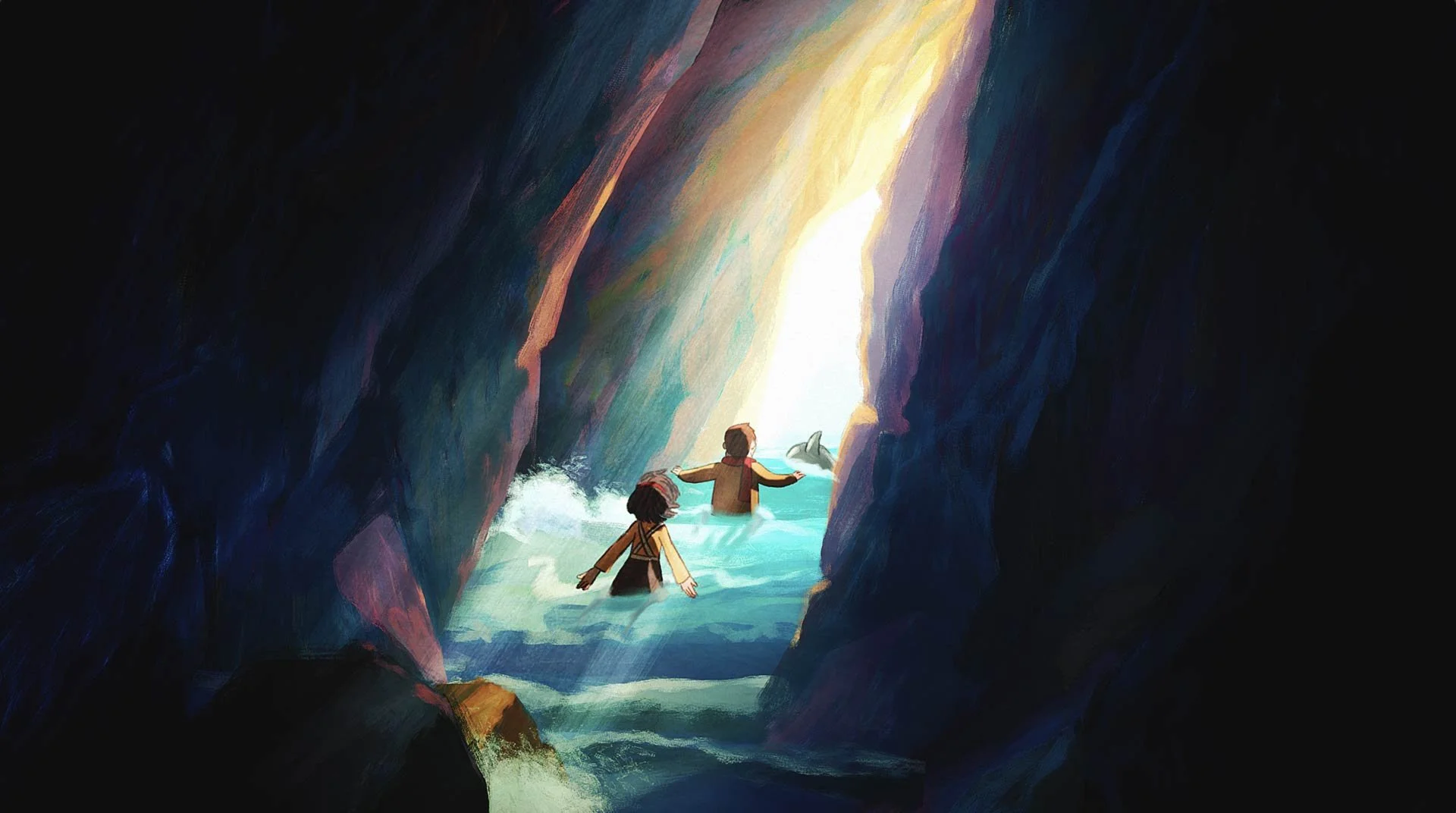 Moon and Milly wade through a secret sea cave toward the light — Moon & the Dolphin, BFI.