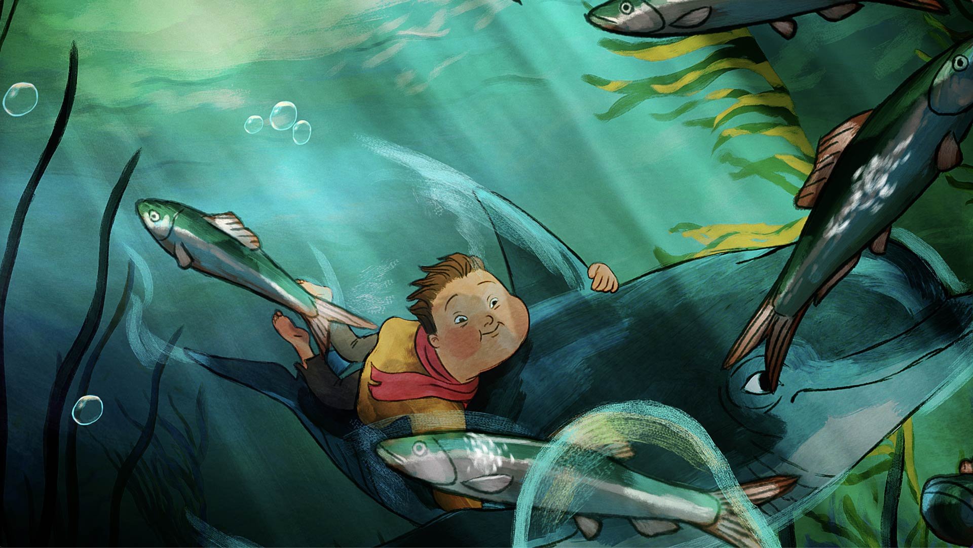 Moon rides the dolphin underwater, holding on to her fin — Moon & the Dolphin, BFI.