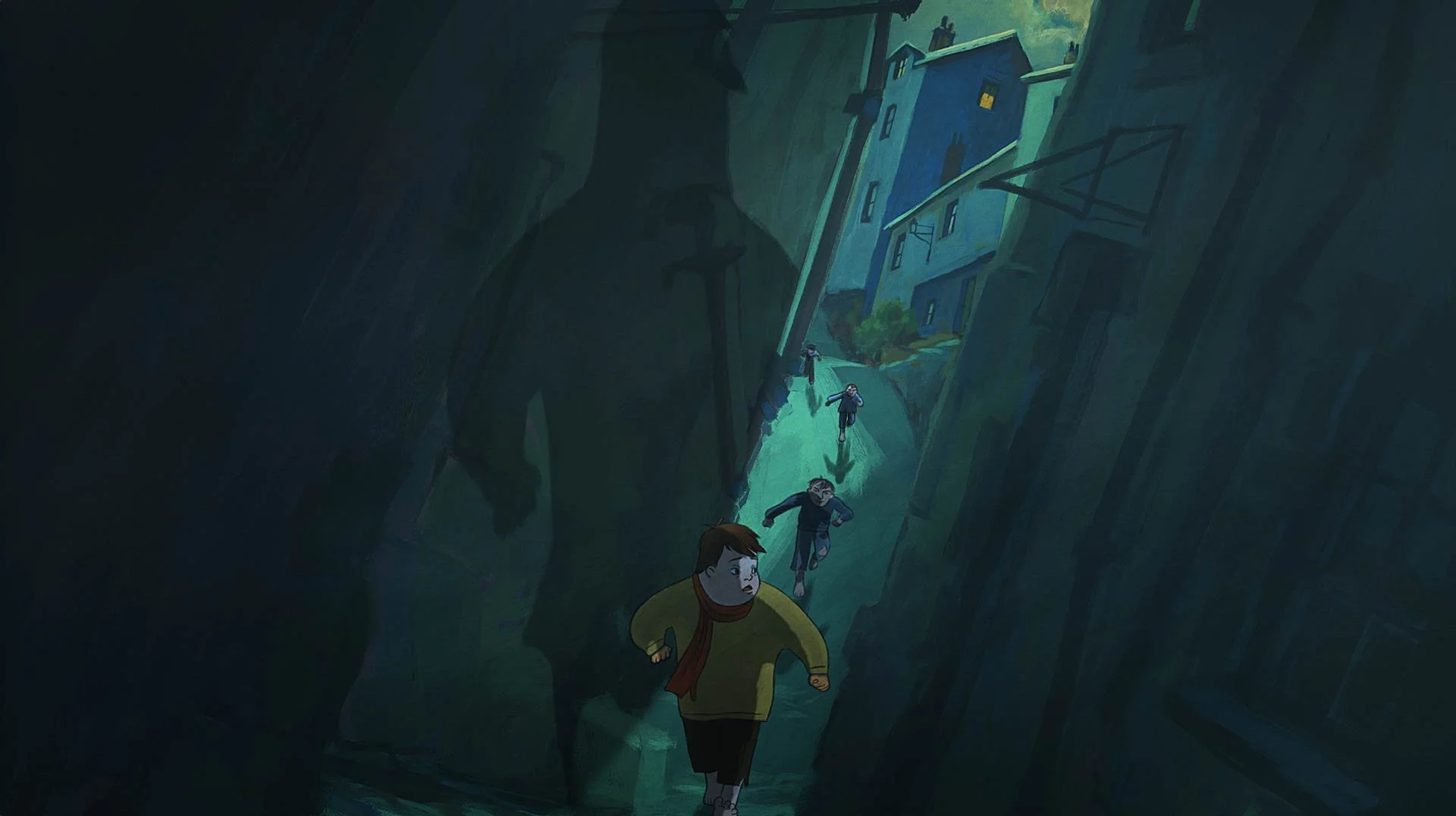 Moon runs through a dark, narrow alley as the boys chase him — Moon & the Dolphin, BFI.