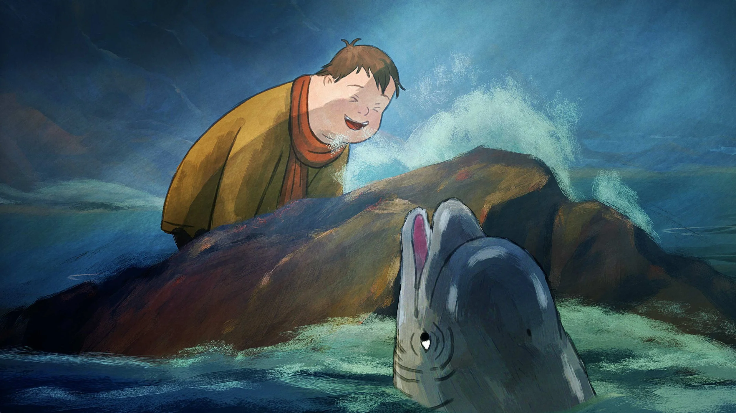 Moon leans down from his rock as the dolphin rises from the waves to meet him — Moon & the Dolphin, BFI.