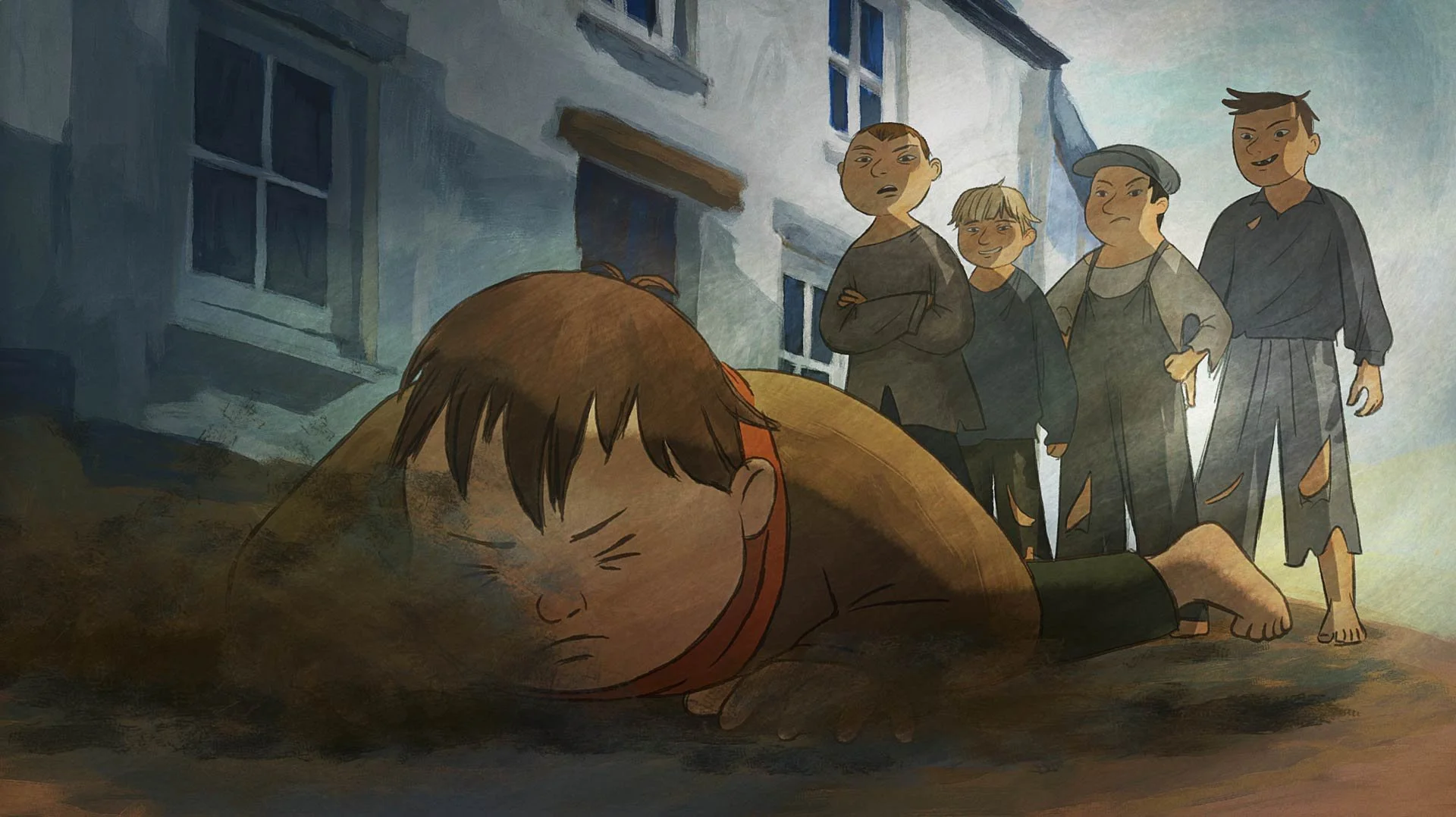 Moon lies knocked to the ground as the village boys stand over him — Moon & the Dolphin, BFI.