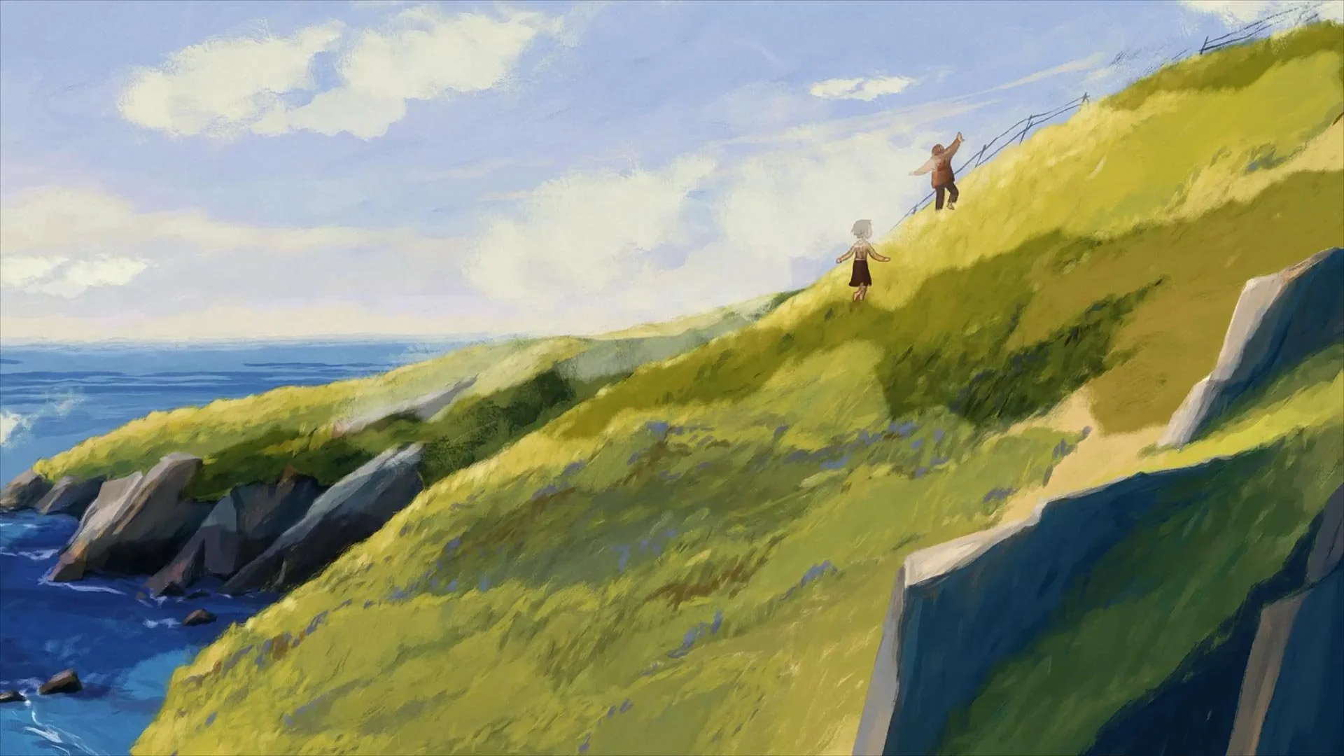 Moon and Milly run happily up a sunlit, grassy hill — Moon & the Dolphin, BFI.